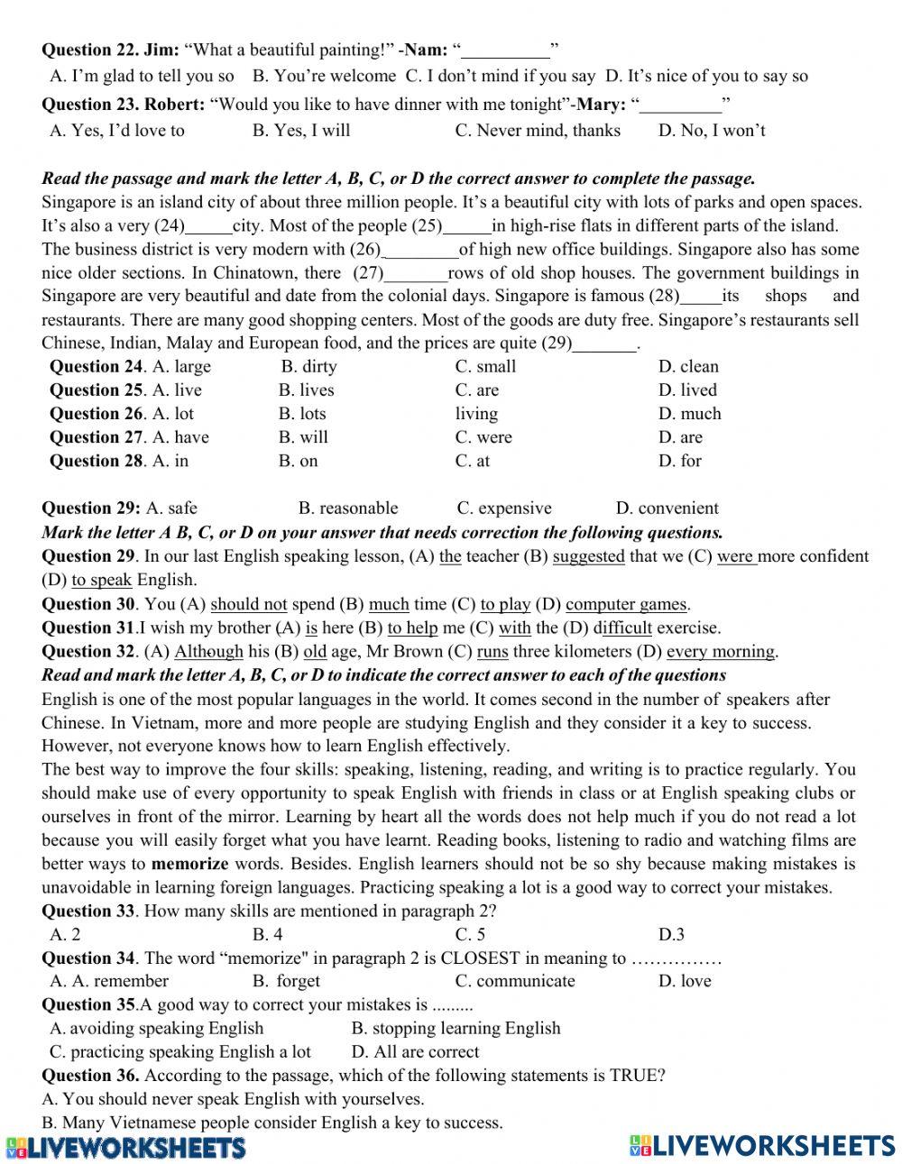 Grade 9A- Review Test worksheet | Live Worksheets
