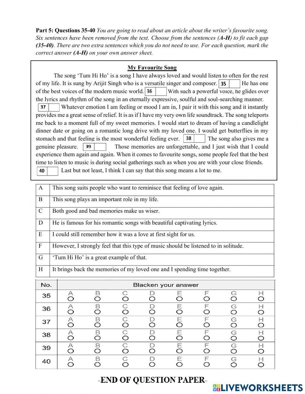 Peperiksaan Akhir Tahun (Form 3 Paper 1 Reading - 2021)