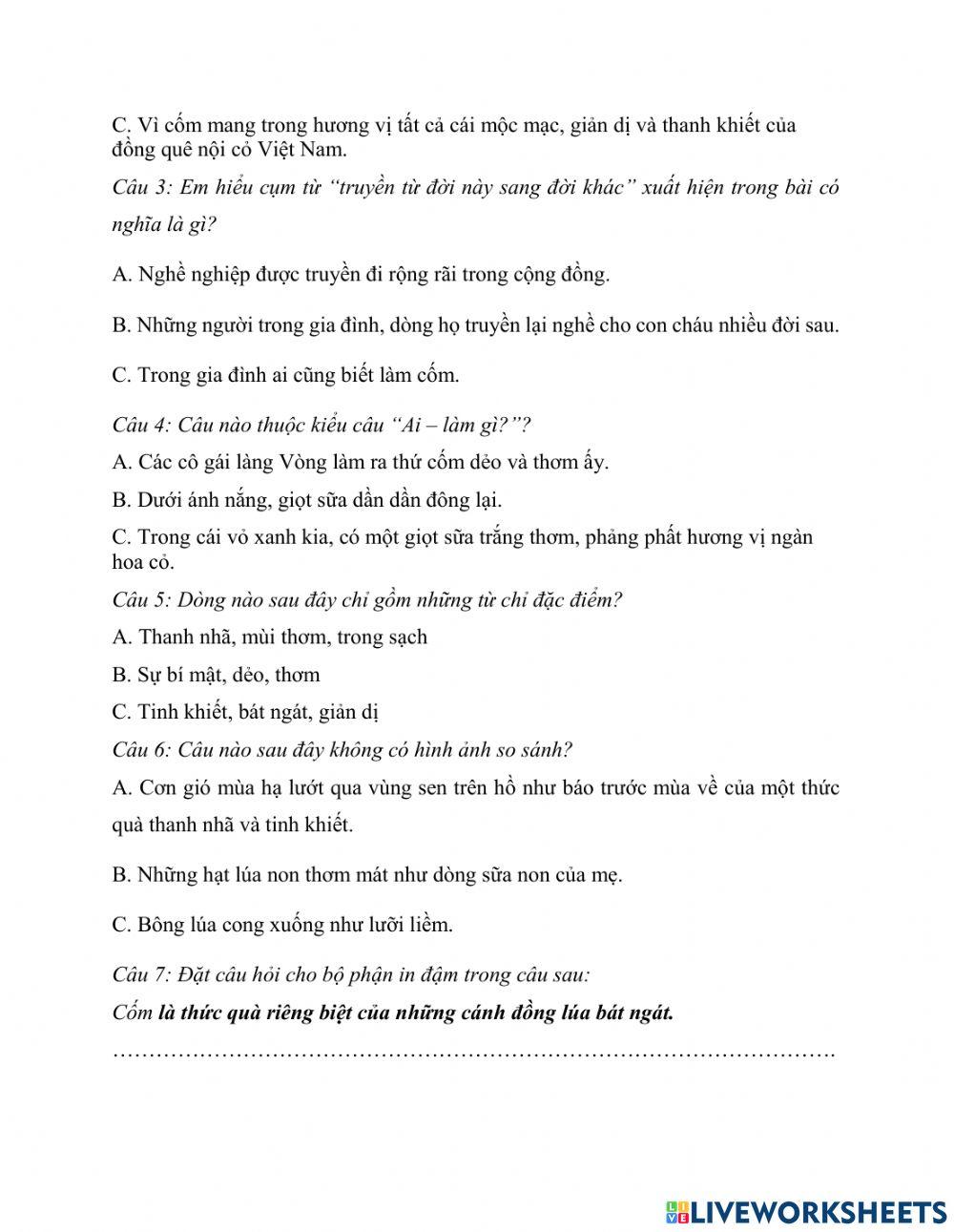 Đọc hiểu - Quà của đồng nội