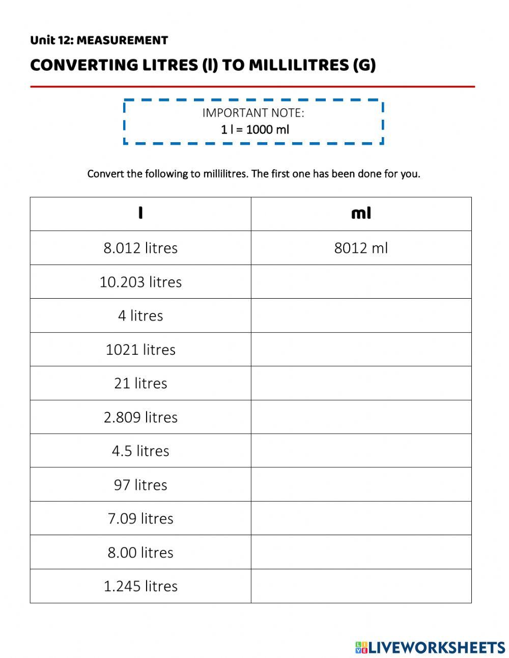 Convert litres to millilitres