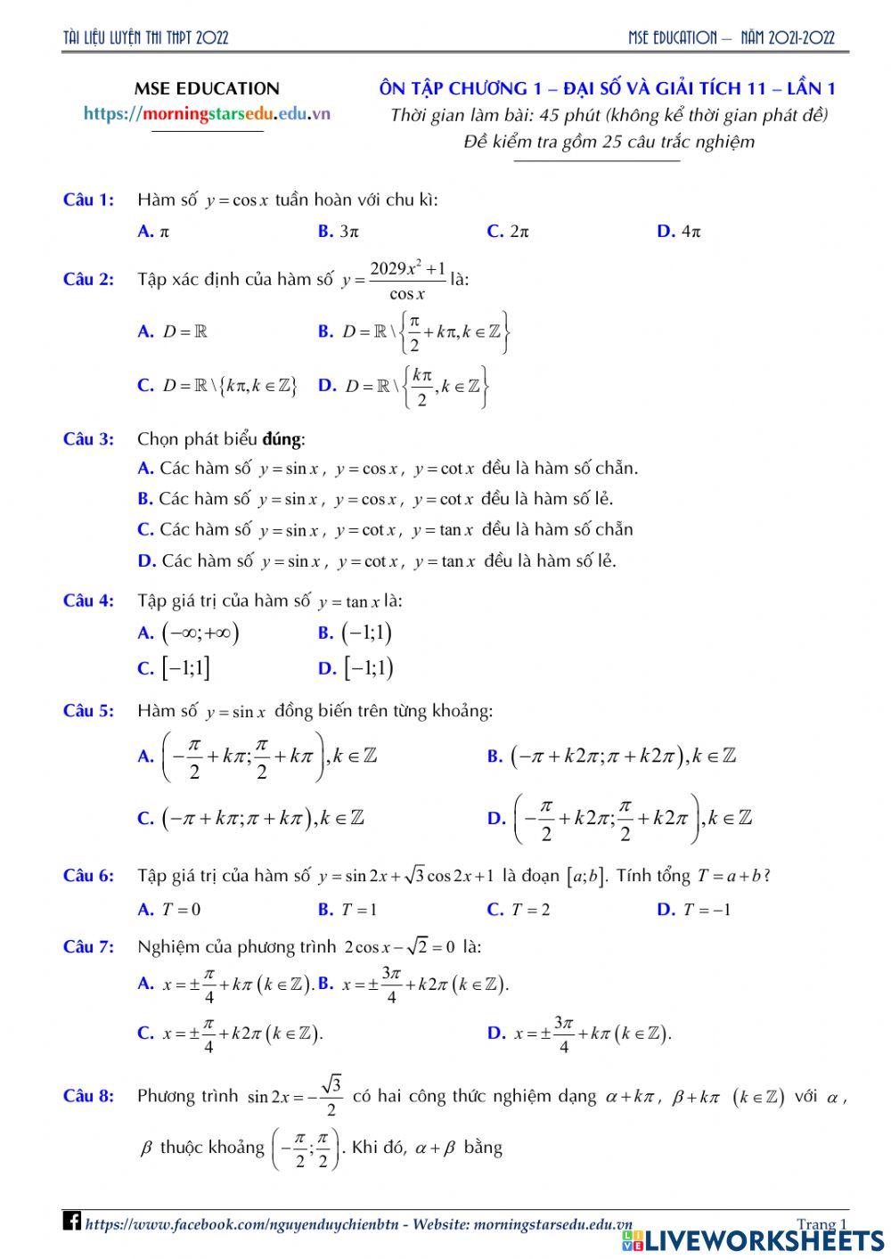 Giải tích 11 - Đề Ôn tập Chương 1 - Lần 1