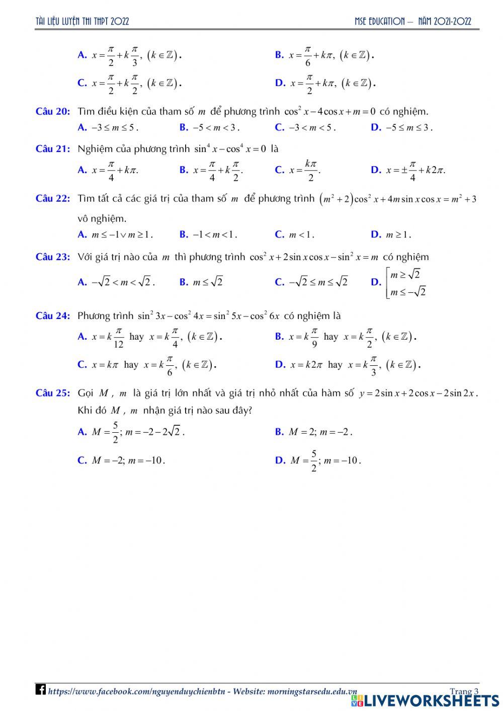 Giải tích 11 - Đề Ôn tập Chương 1 - Lần 1