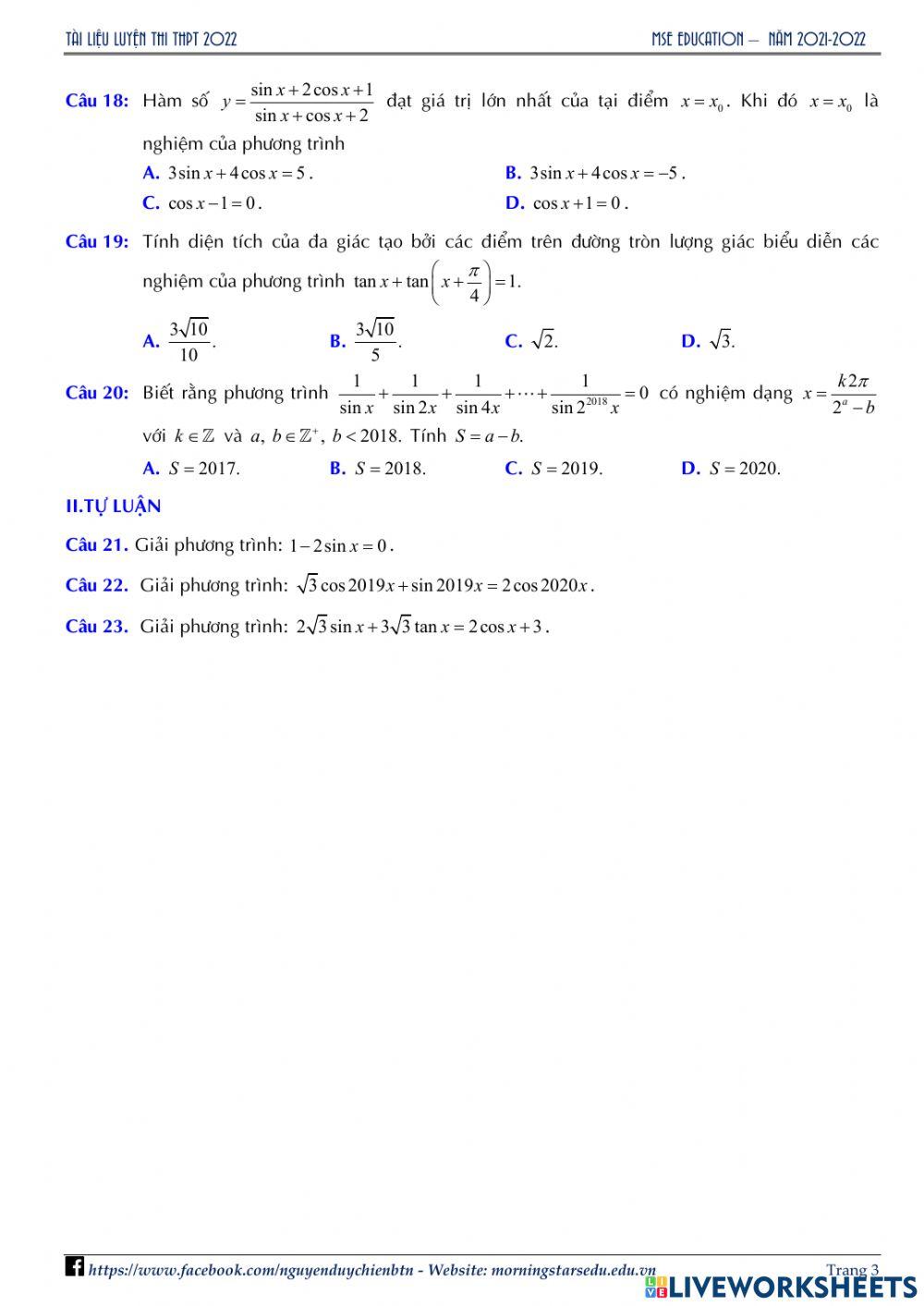 Giải tích 11 - Đề Ôn tập Chương 1 - Lần 3