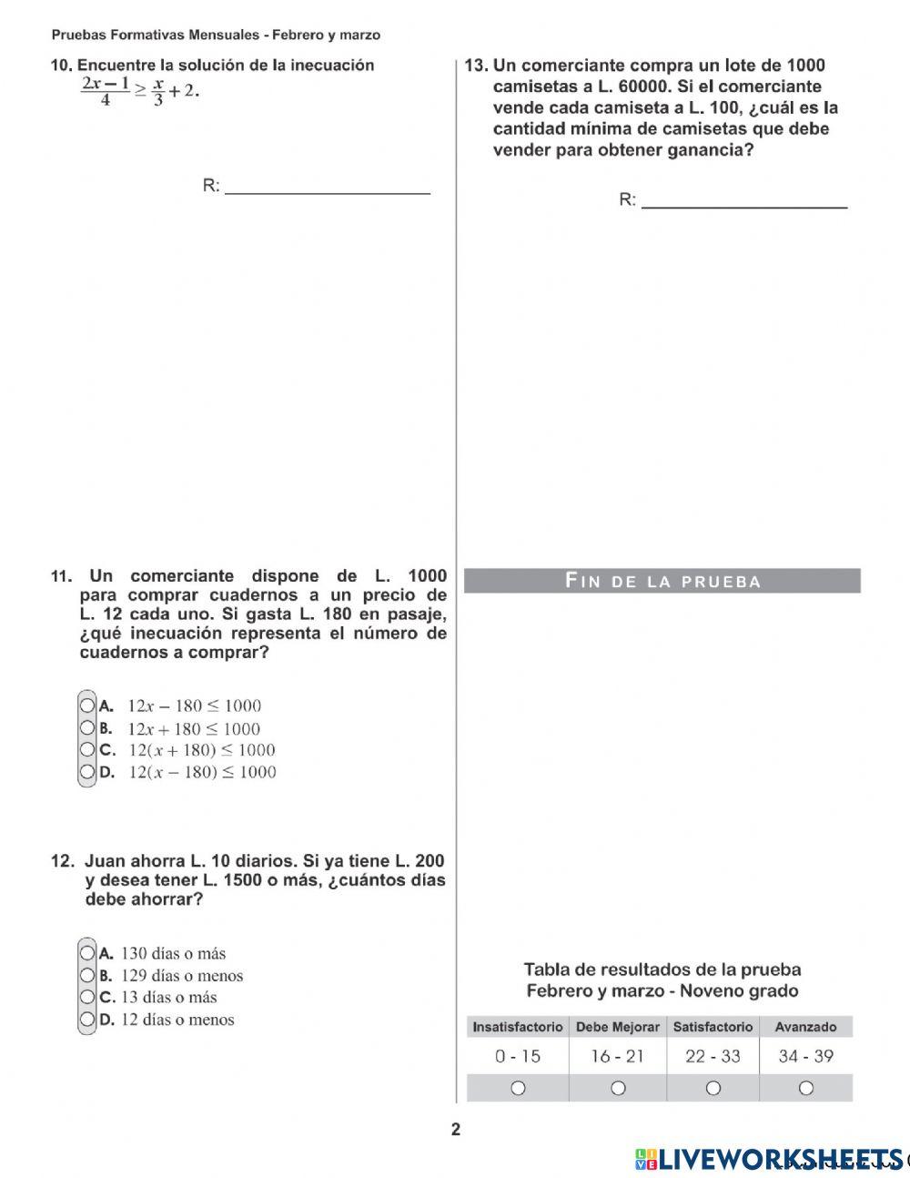 PRUEBA FORMATIVA NOVENO GRADO