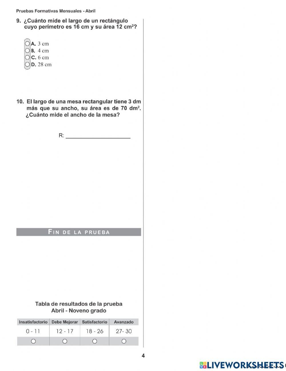 PRUEBA FORMATIVA NOVENO GRADO