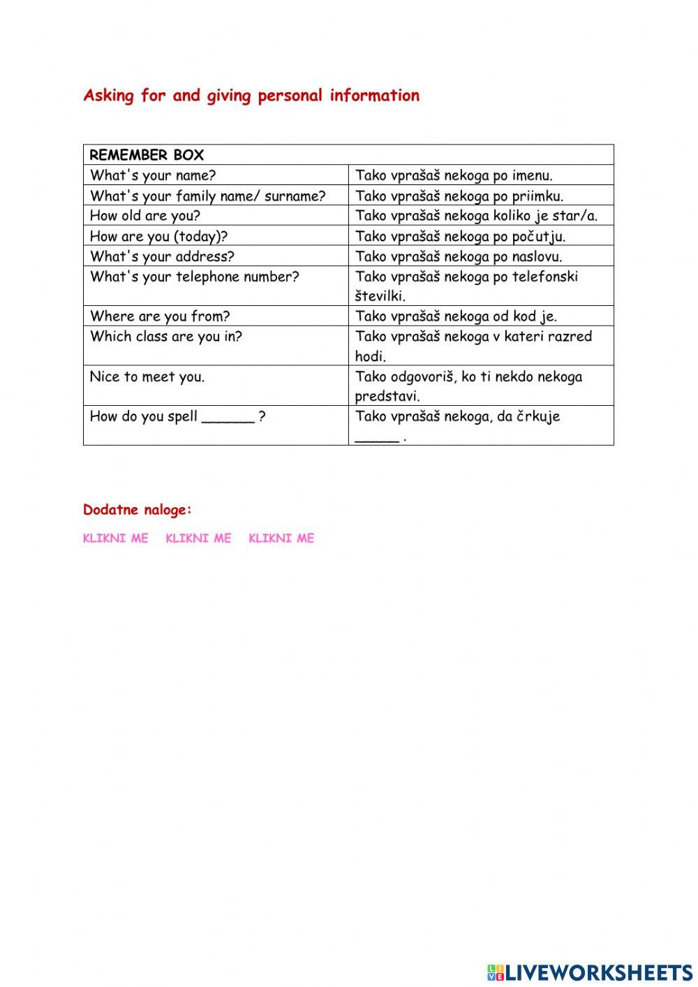 Asking for and giving personal information
