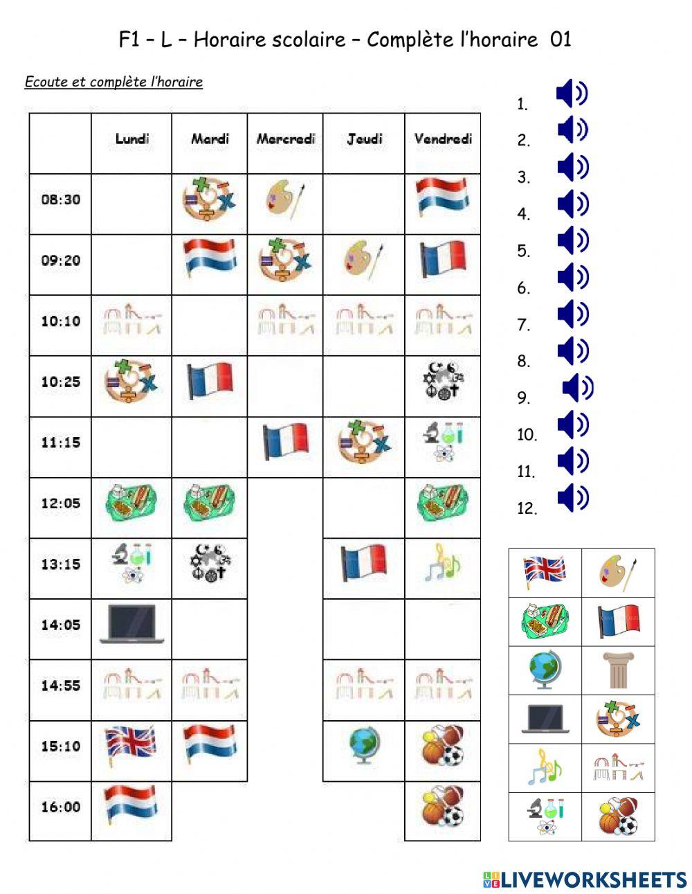 F1- L - Horaire scolaire - Complète l'horaire 01 F1- L - Horaire scolaire - Complète l'horaire 01
