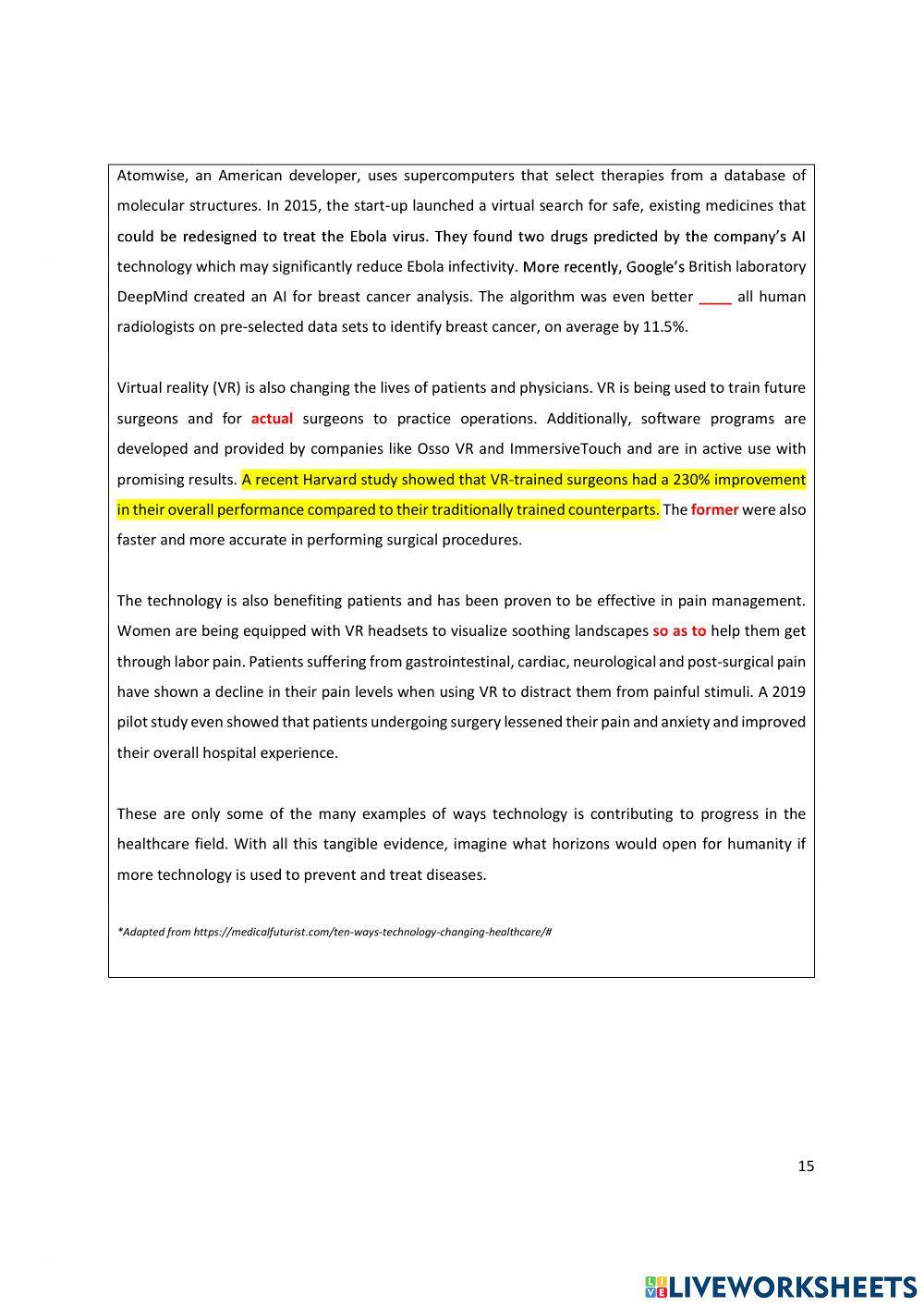 Unit 2 Reading 1 ARTIFICIAL INTELLIGENCE AND VIRTUAL REALITY APPLIED TO MEDICINE