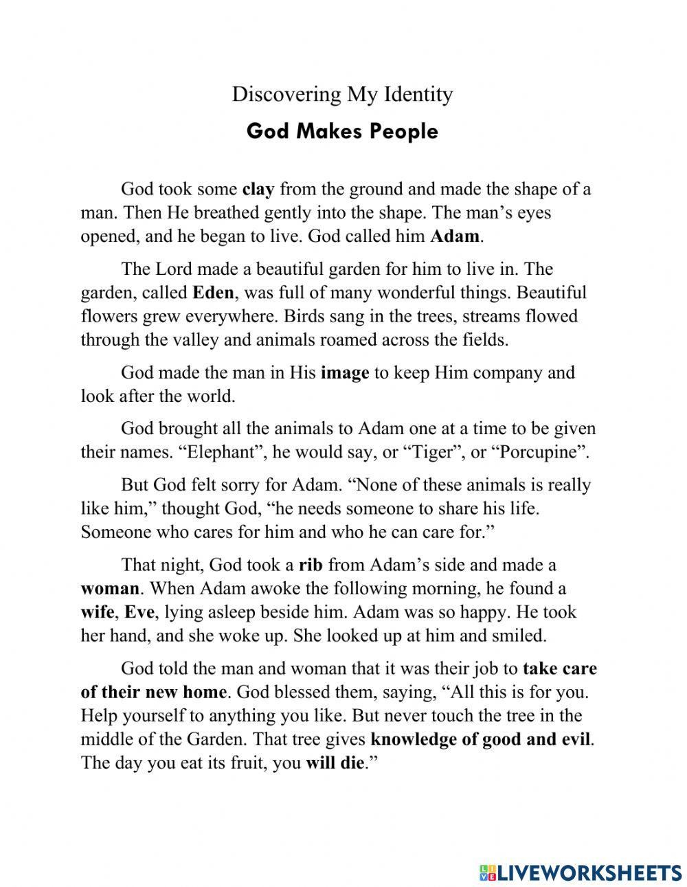 Discovering My Identity - God Makes People online exercise for | Live ...