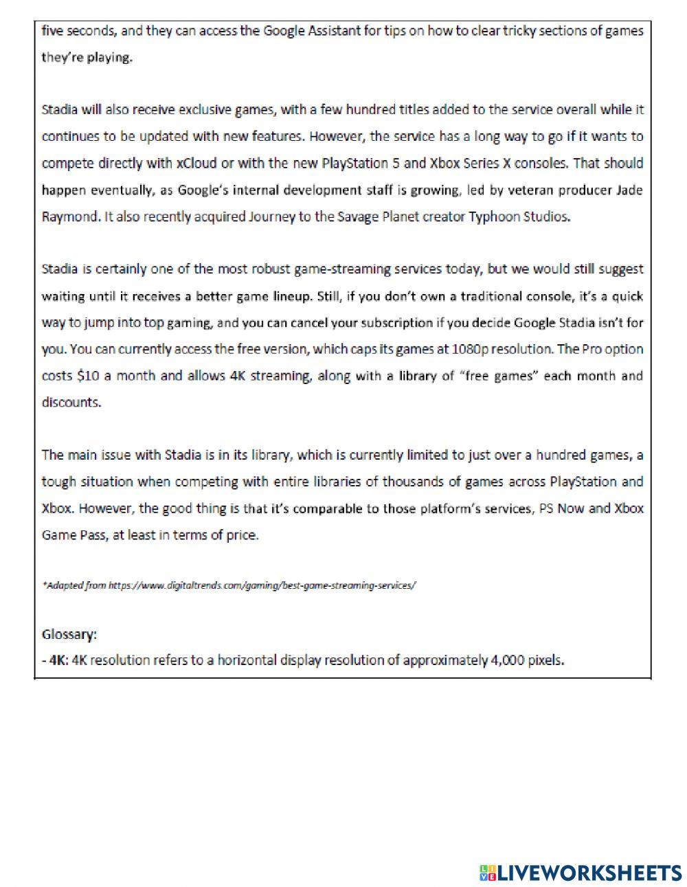 Unit 4 Reading 3 GOOGLE STADIA