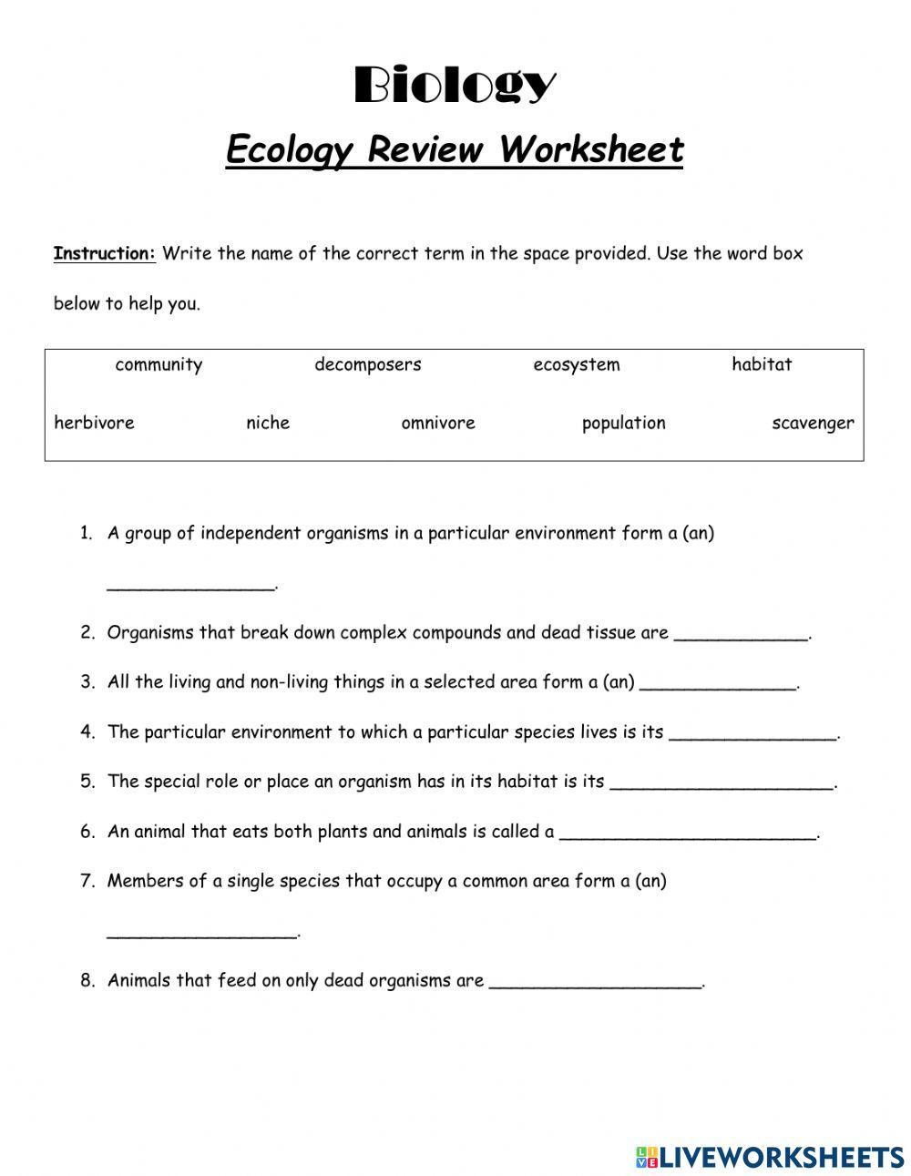 Ecology Review Worksheet Ecology Review Worksheet