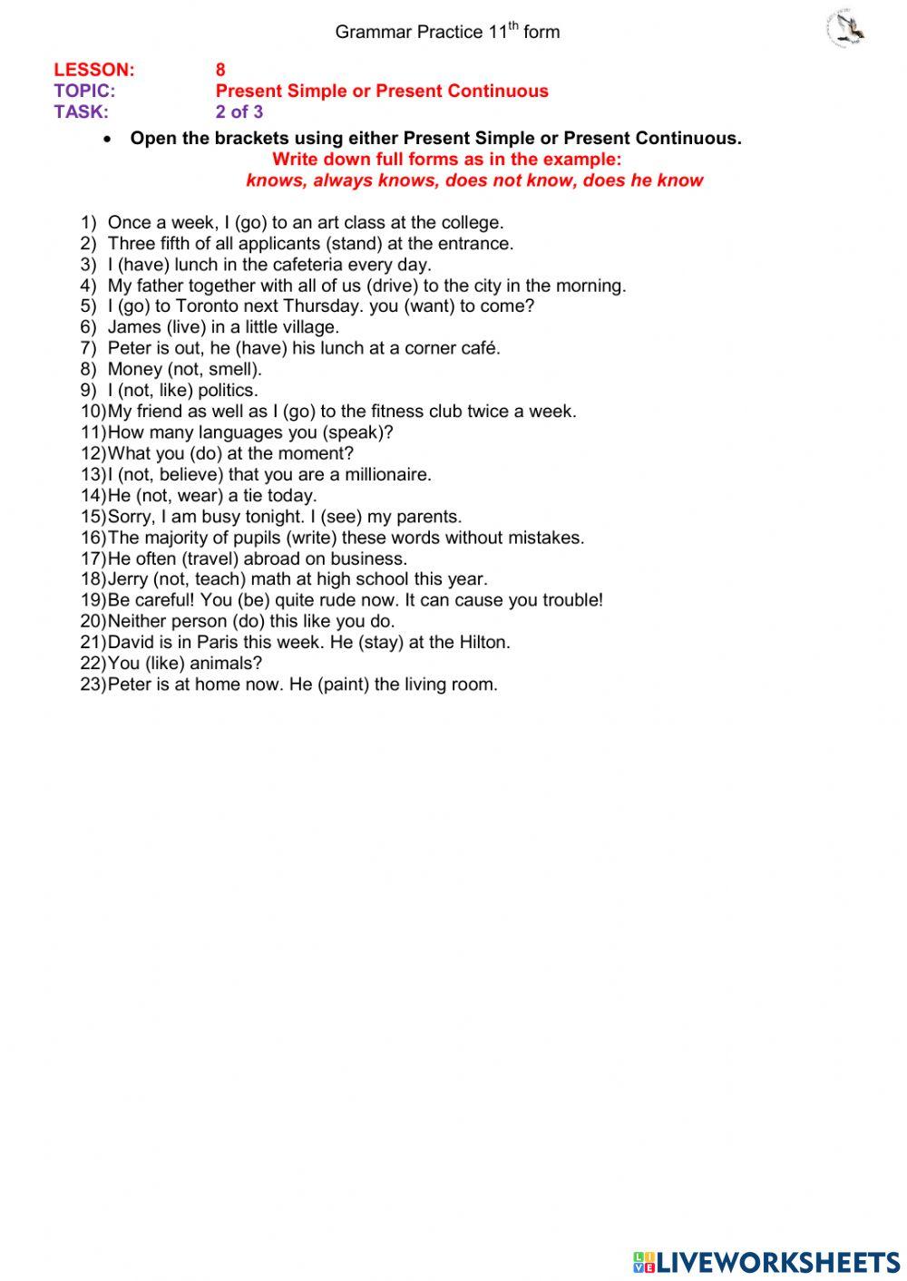 Present Simple vrs Present Continuous (11th form) ex.2