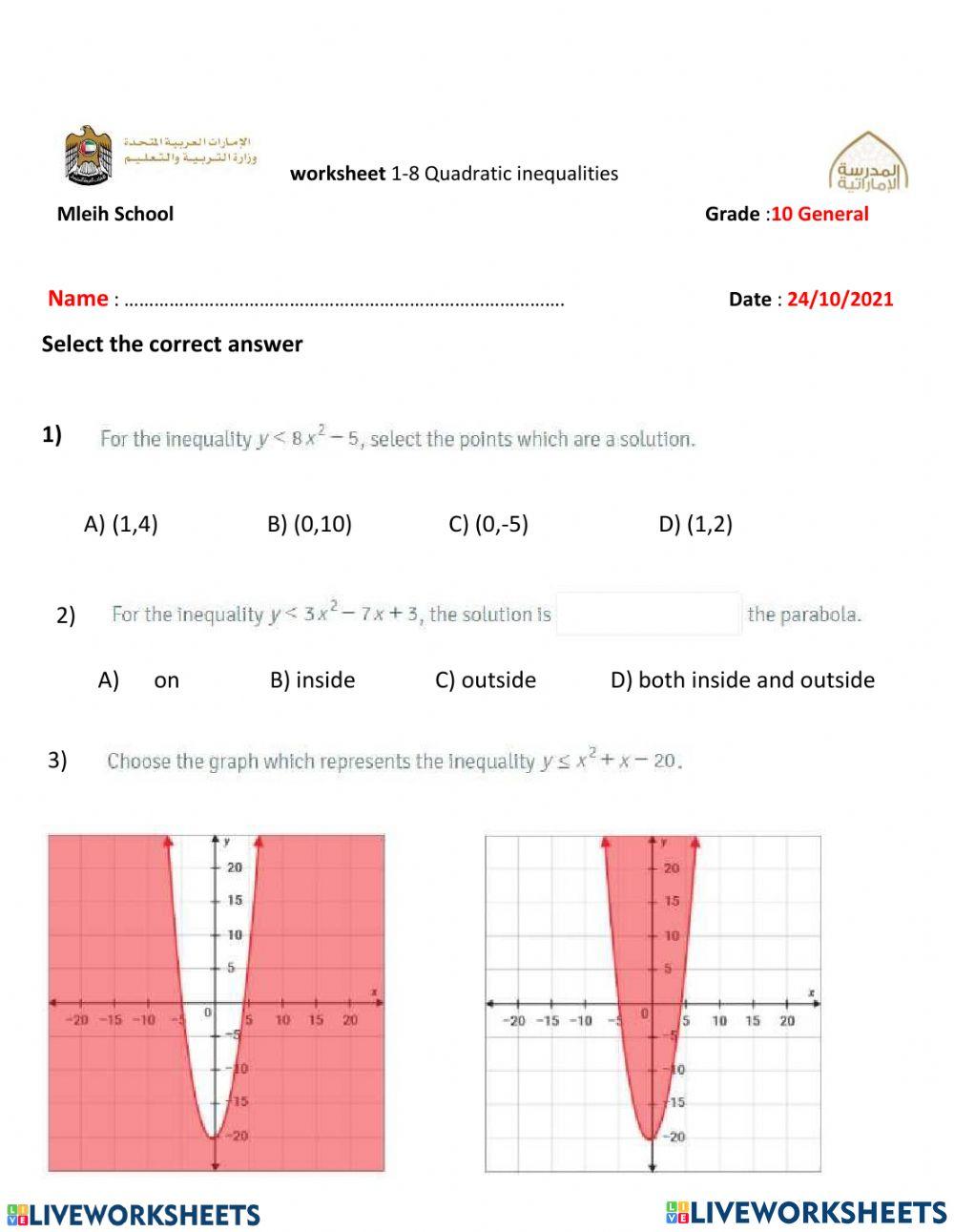 Graphing quadratic inequalities worksheet live worksheets
