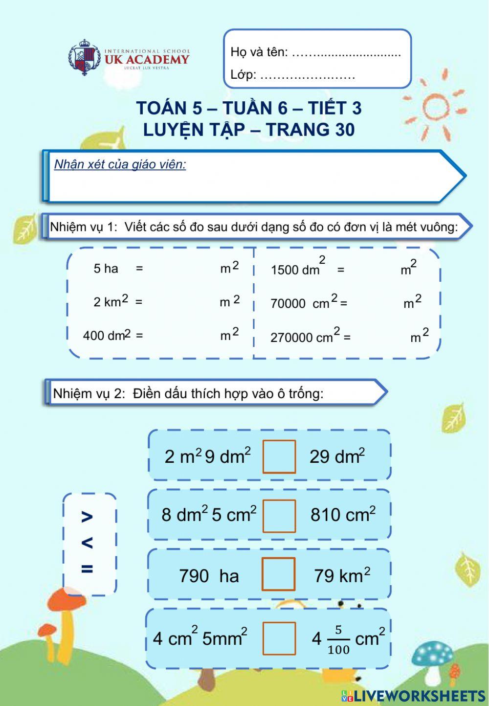 Toán 5 - Tiết 3 - Luyện tập - Trang 30