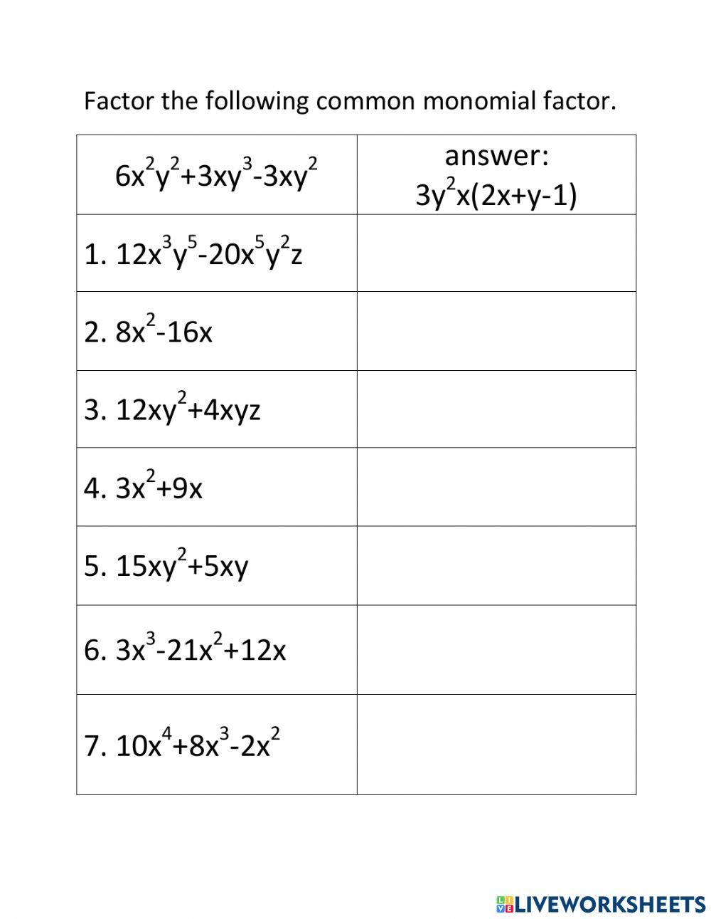 Factoring Common Monomial Online Exercise For Live Worksheets factoring-common-monomial-online-exercise-for-live-worksheets