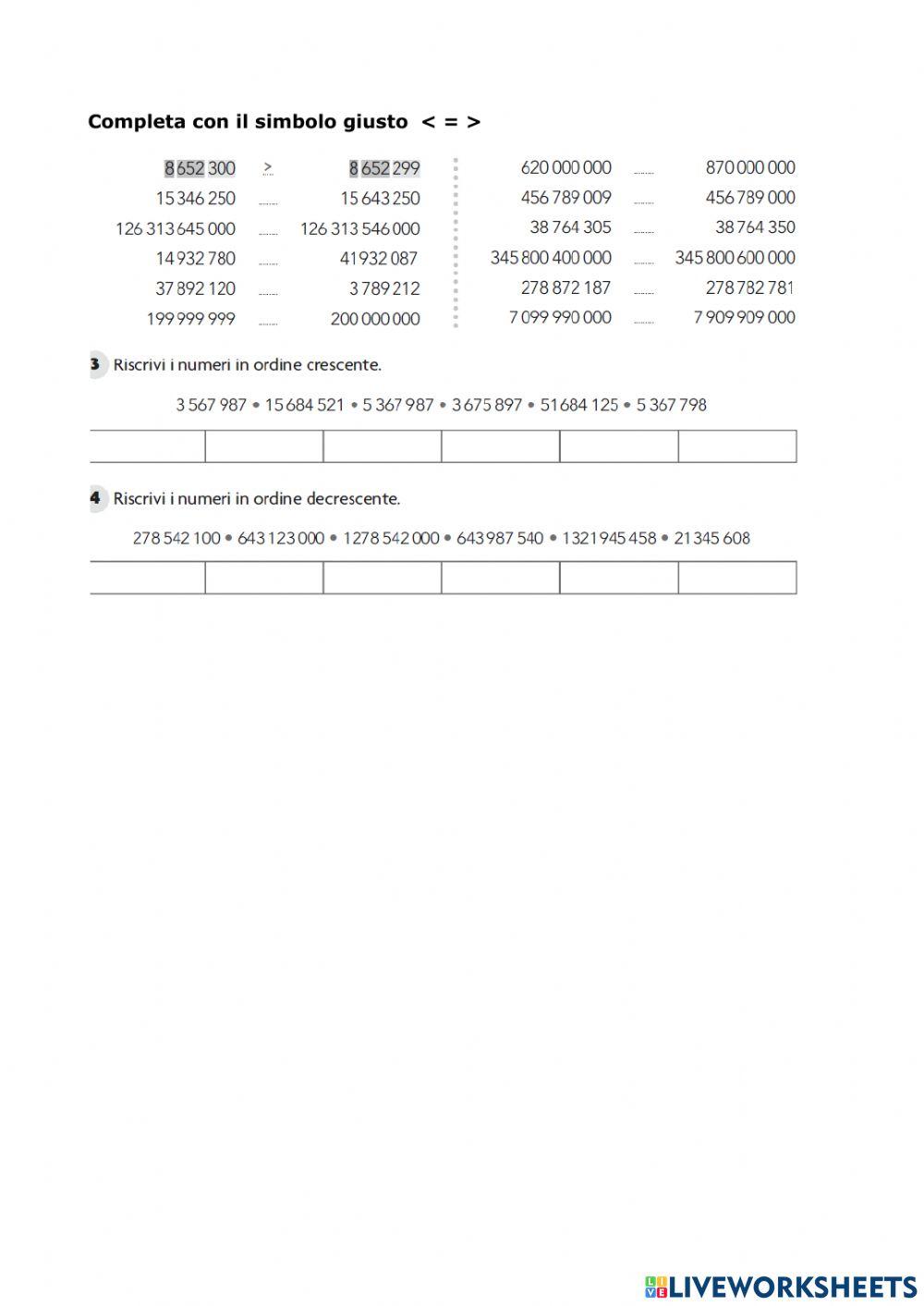 Grandi numeri confronti e riordino