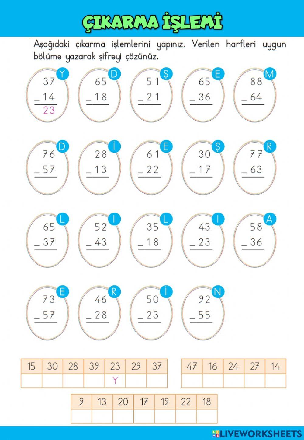 Onluk Bozarak Çıkarma İşlemi Bulmaca