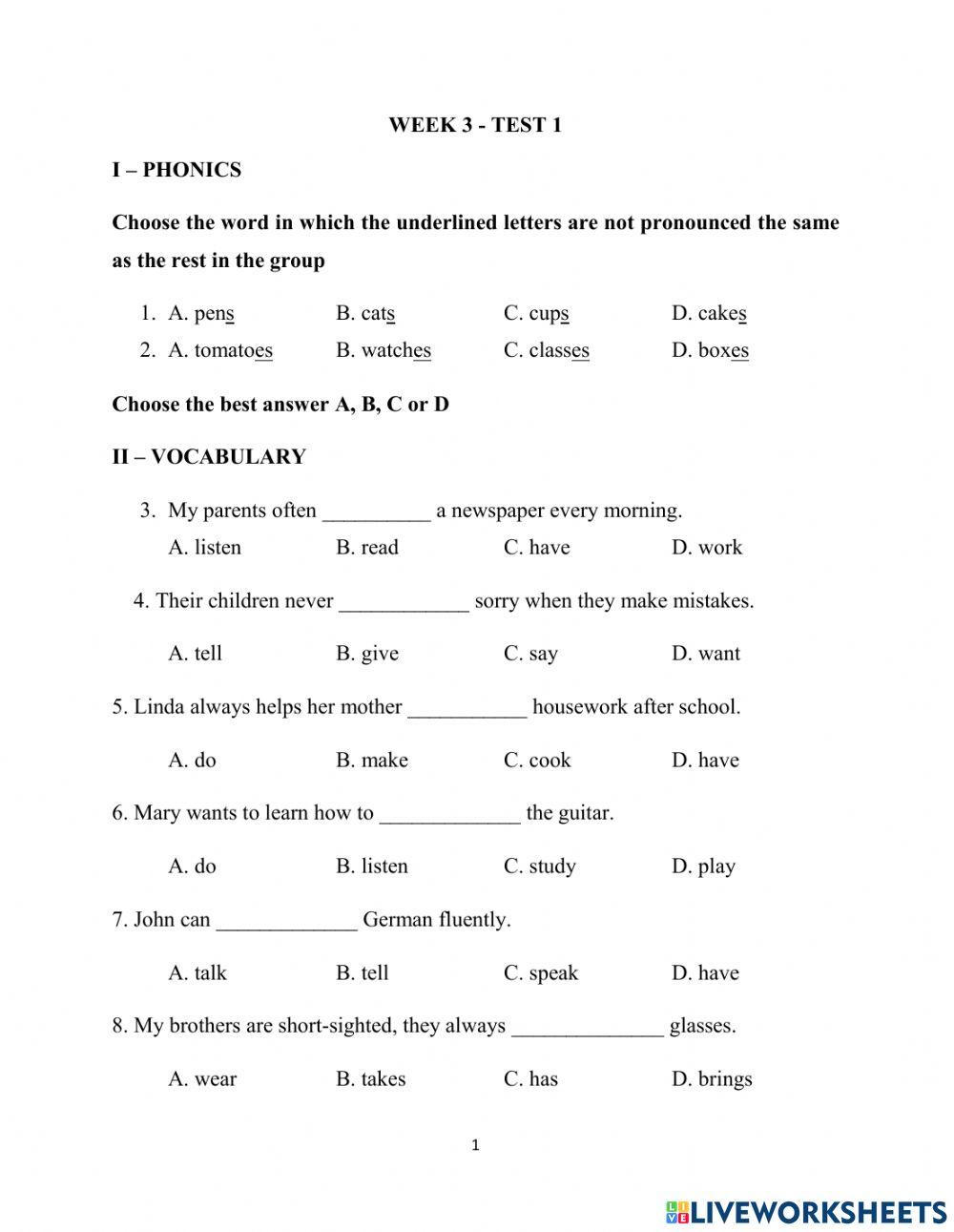 Elementary unit 3 test 1