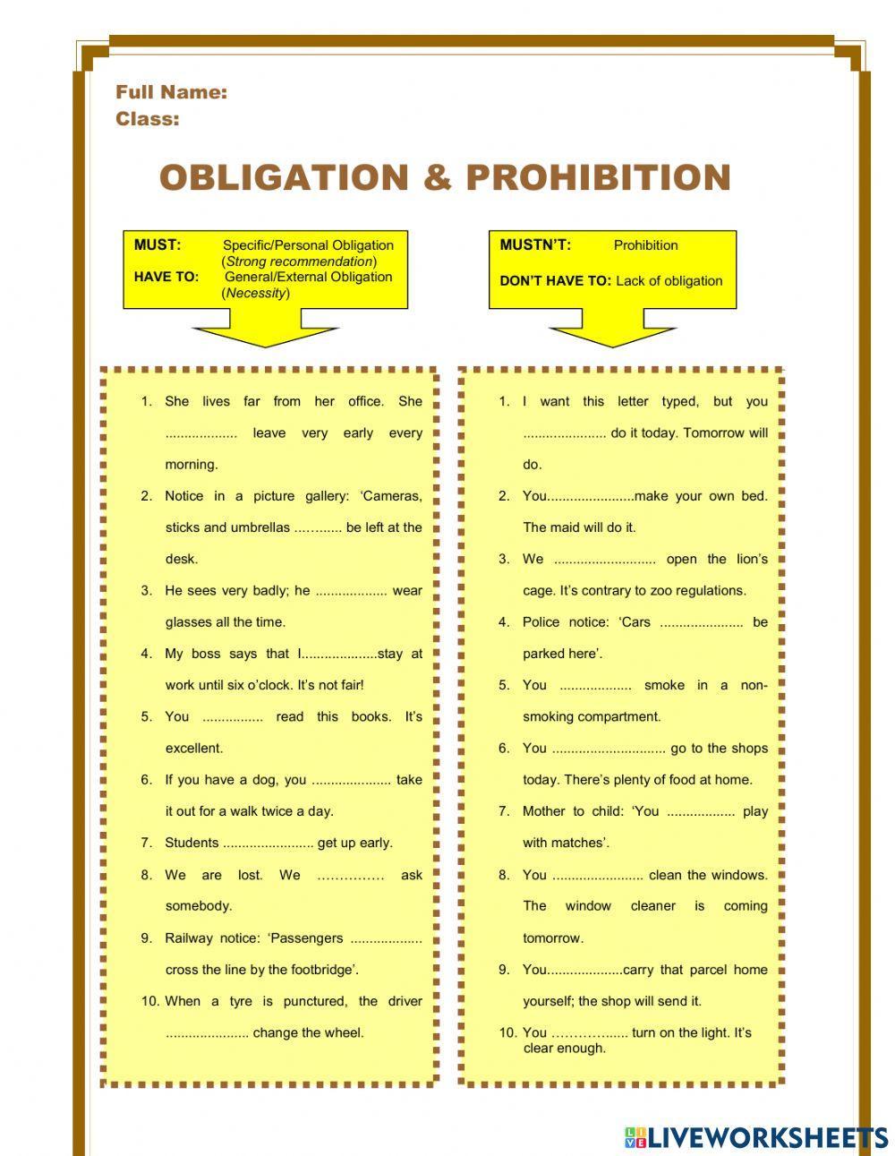Obligation and Prohibition activity Live Worksheets