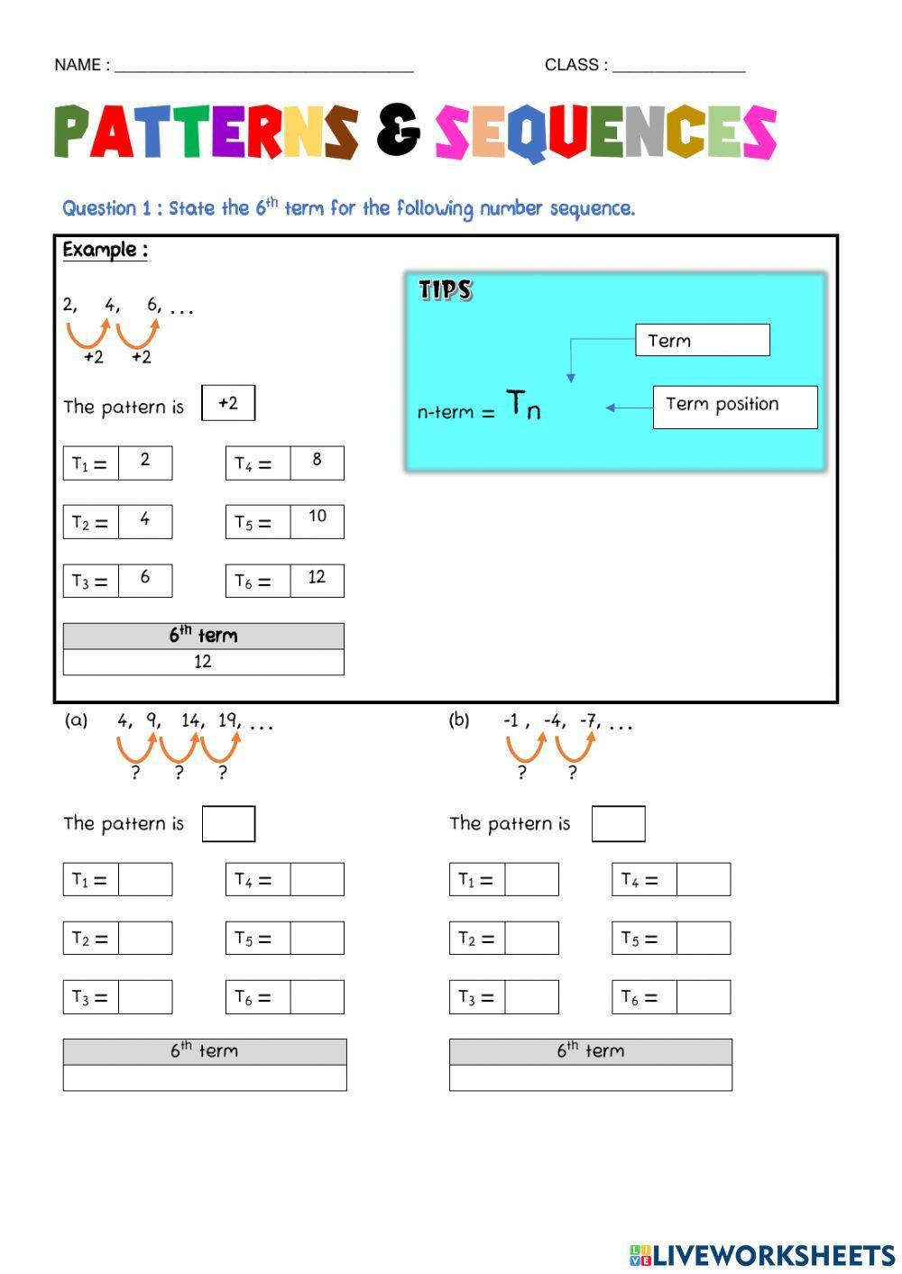 Patterns and sequences worksheet Live Worksheets