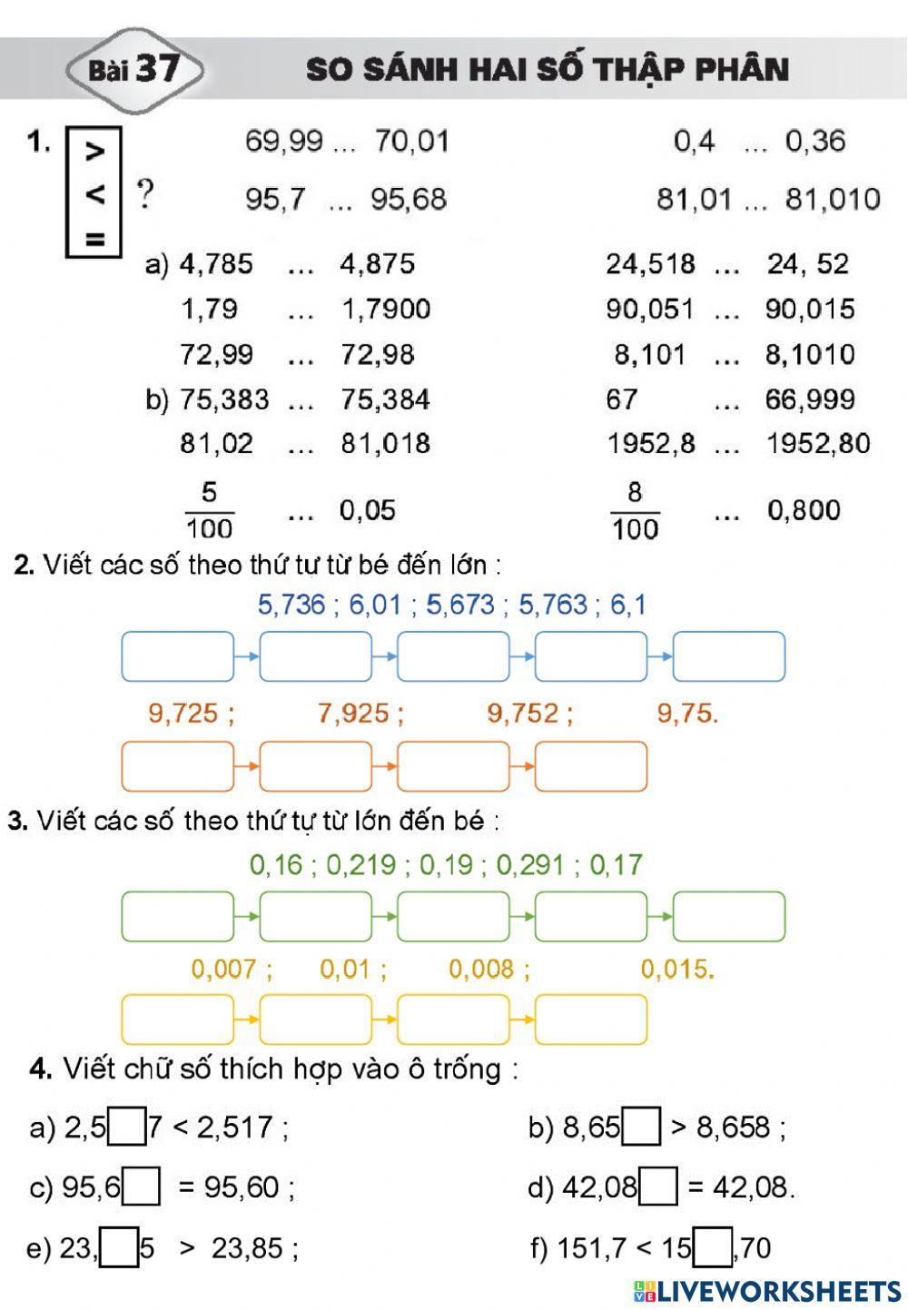 SBT Bài 37: So sánh hai số thập phân