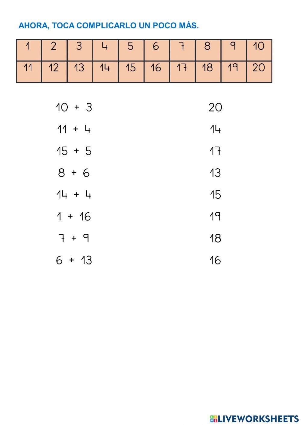 Sumas horizontales hasta el 20