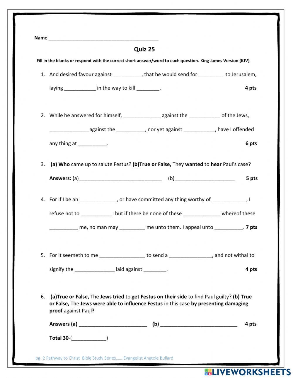 Pathway to Christ Bible Study Series Acts Chapter 25 Quiz