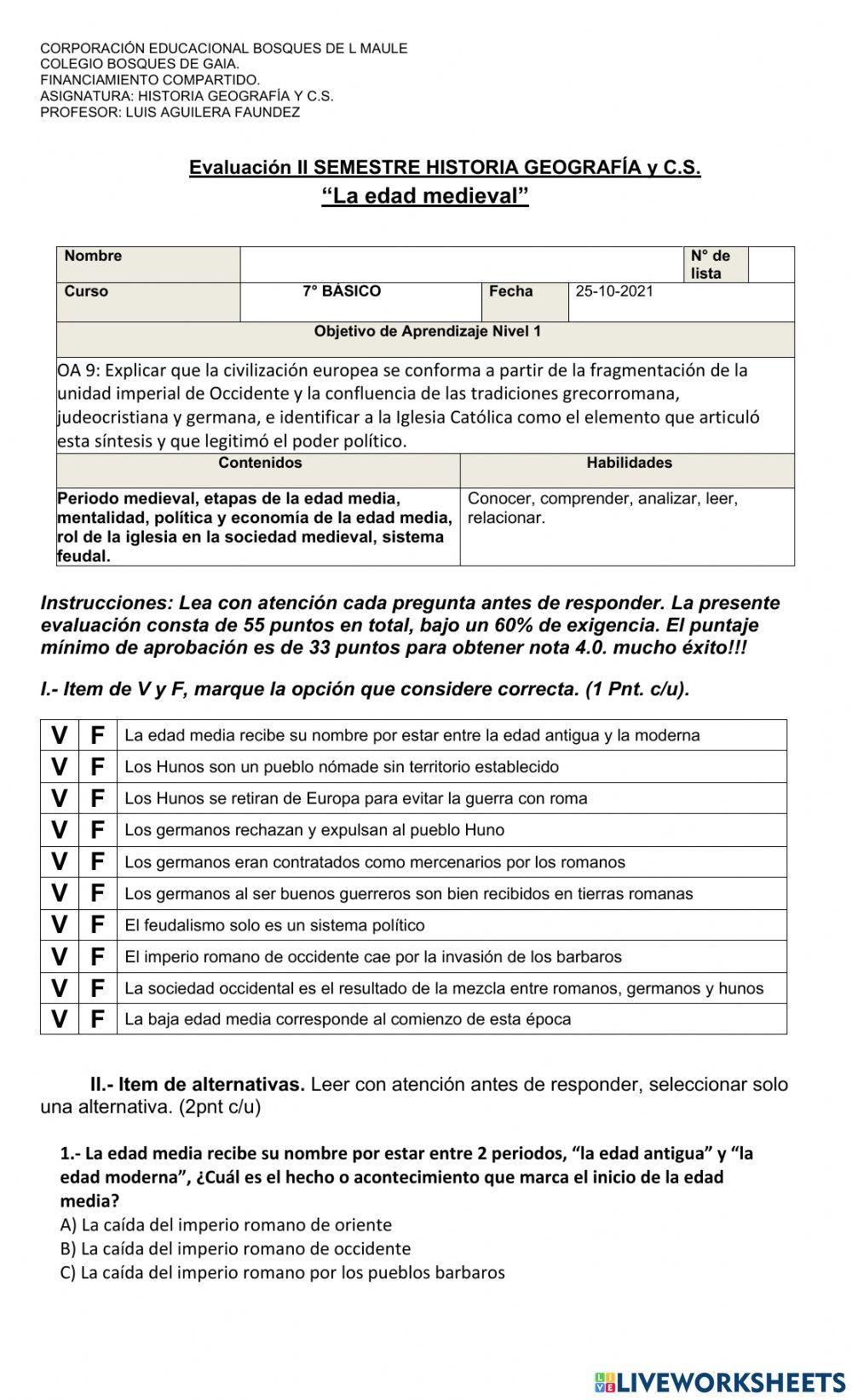 Evaluacion edad medieval 7°