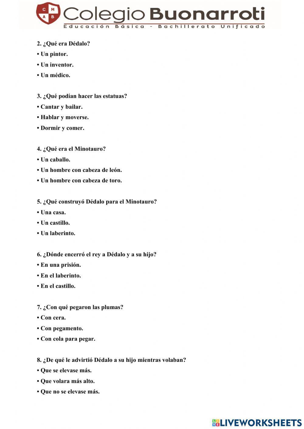 Lectura comprensiva “DÉDALO E ÍCARO”