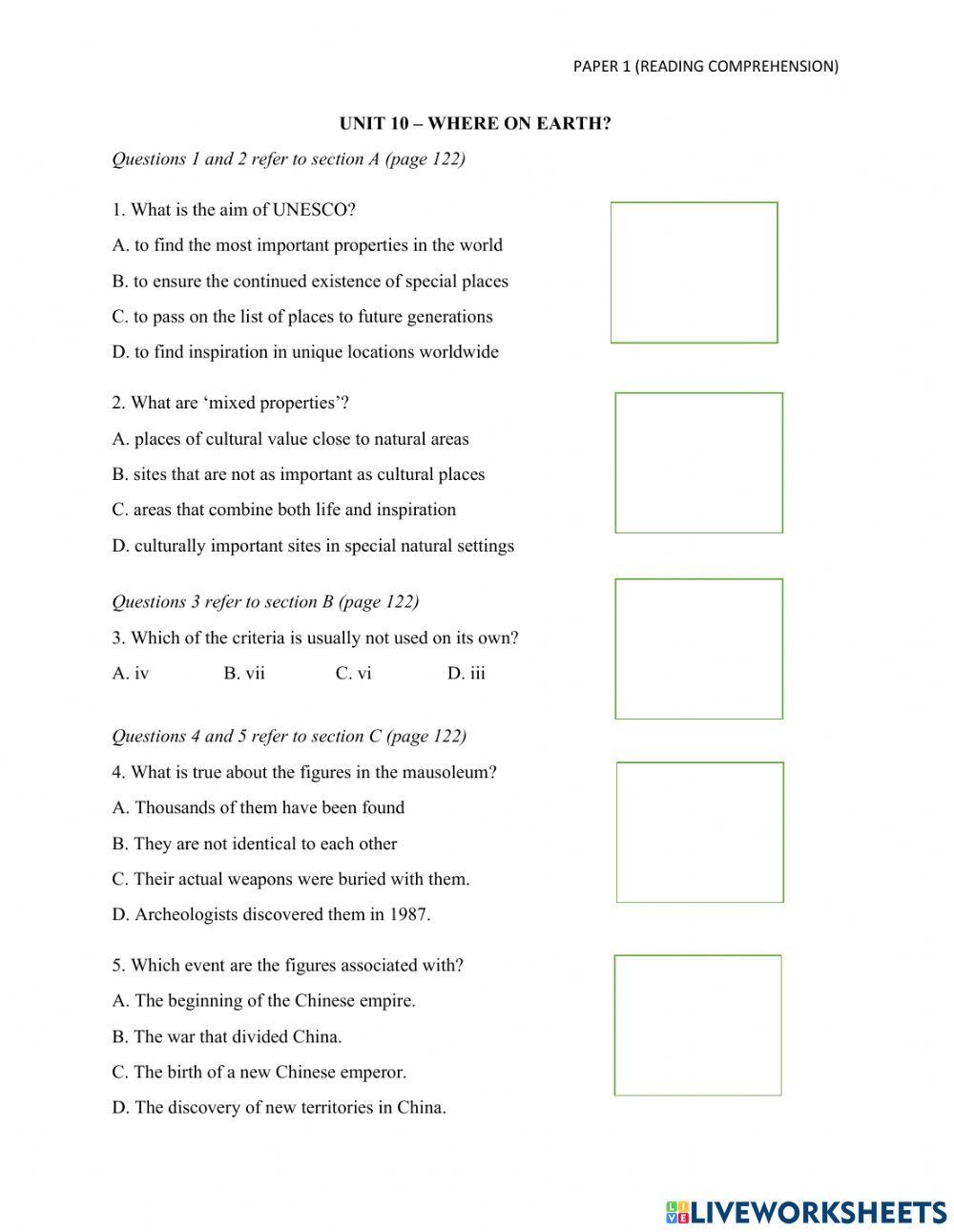 Reading comprehension (unit 10)