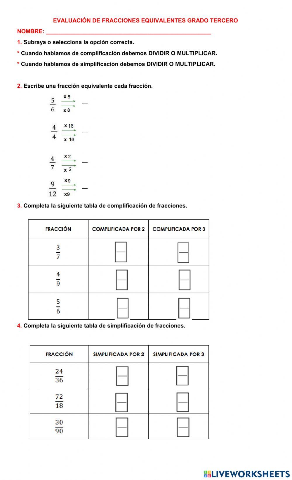 Evaluación de fracciones equivalentes