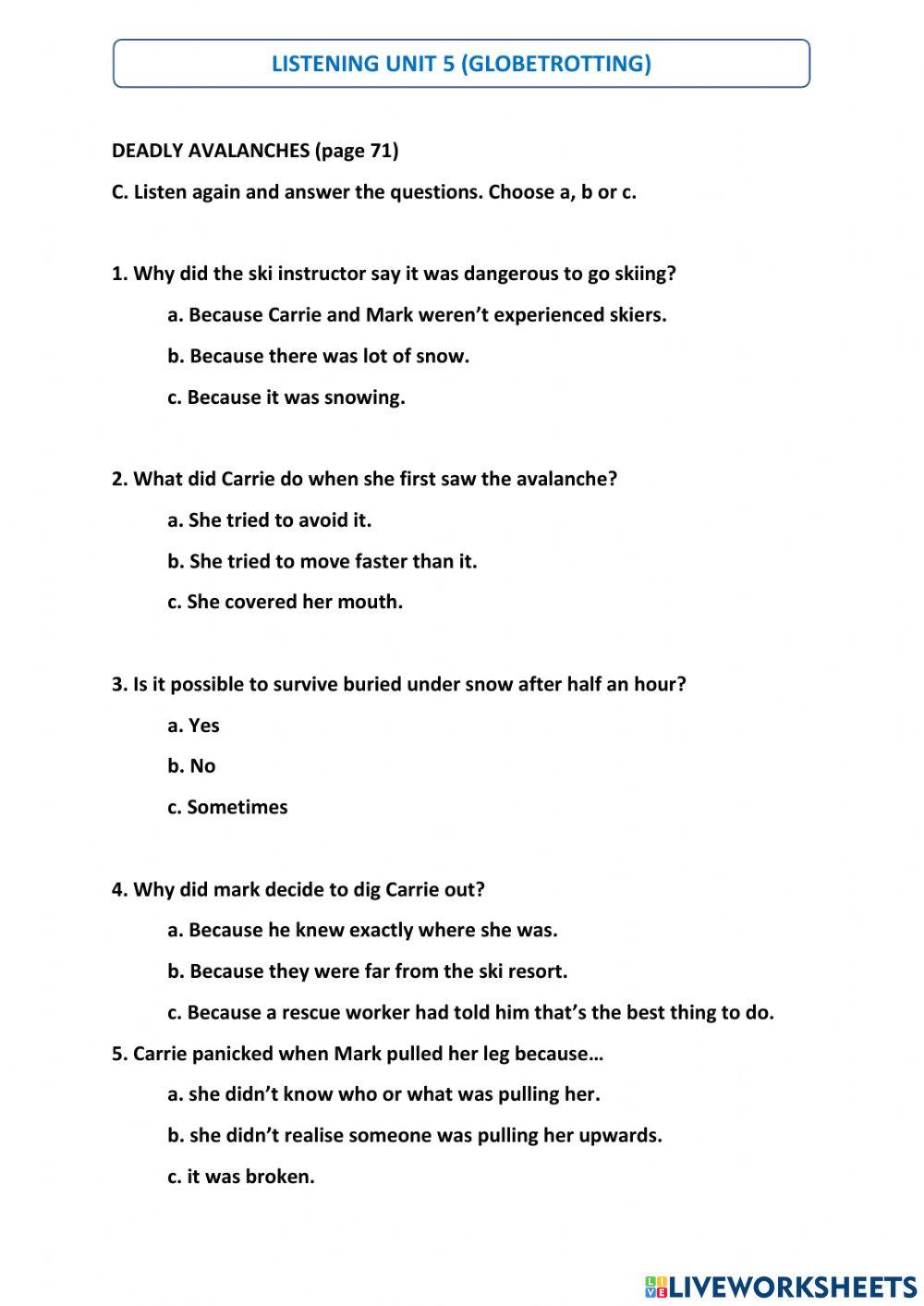 Listening Unit 5 Deadly Avalanches