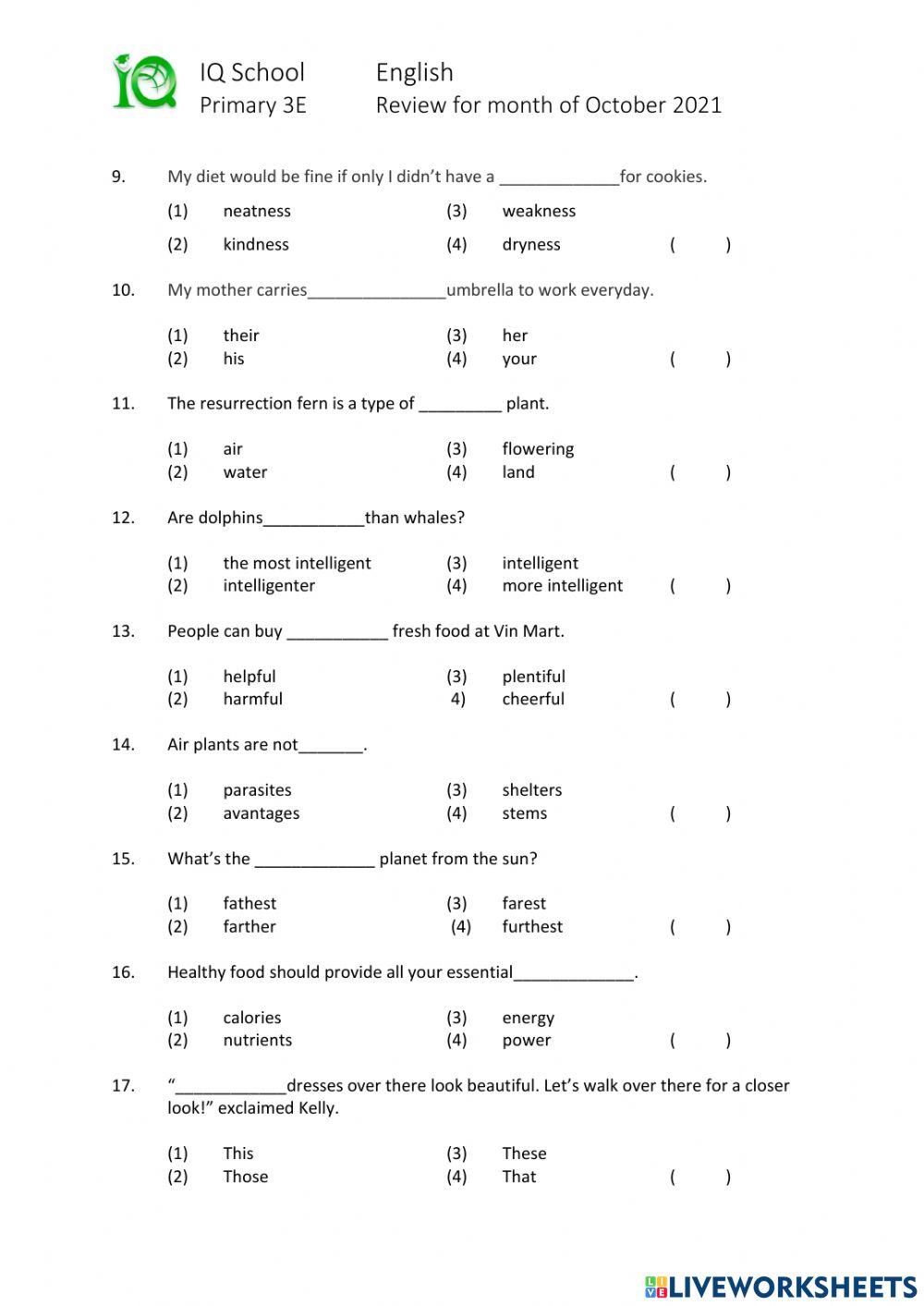P3 English Monthly Review for Month of October