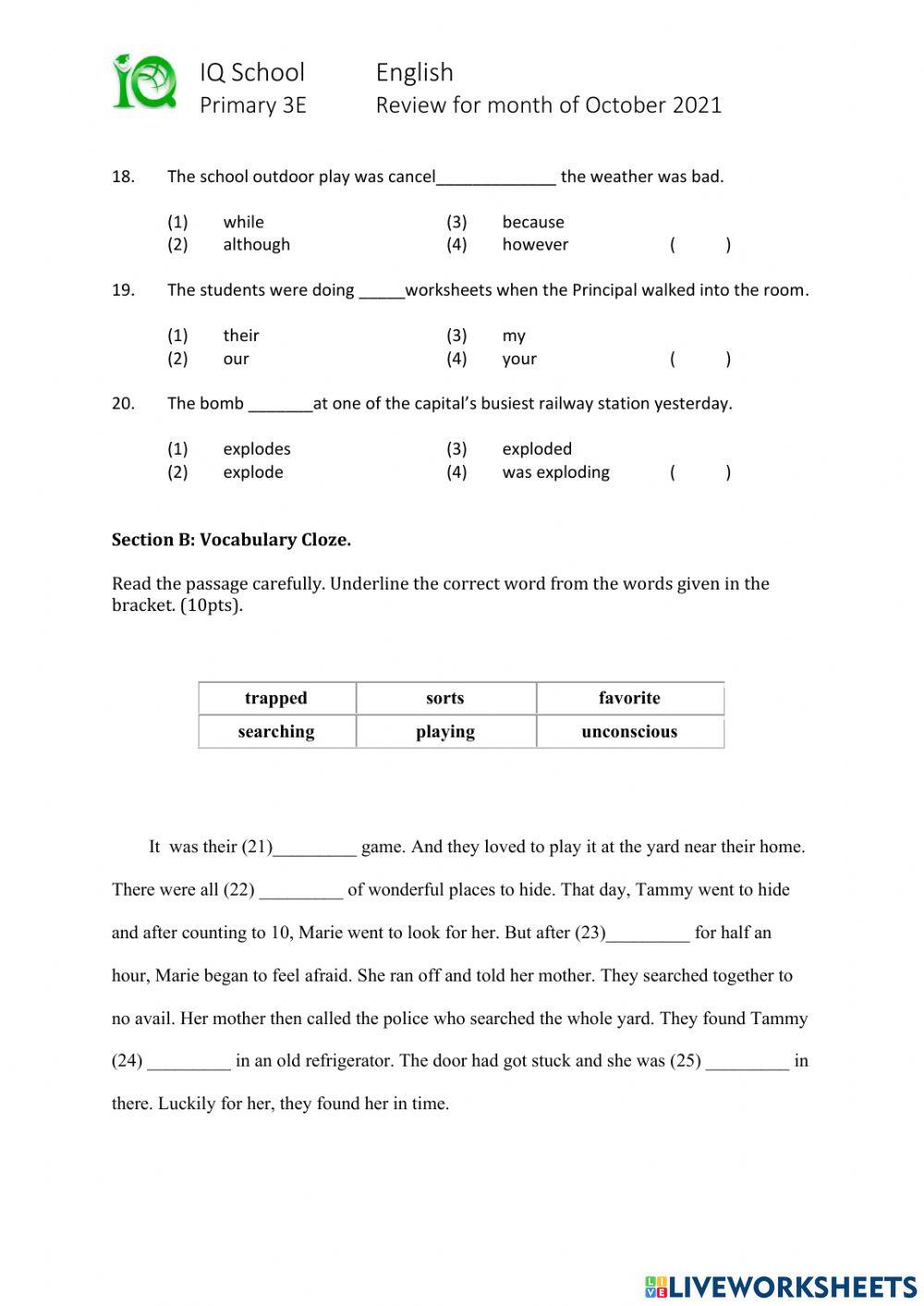 P3 English Monthly Review for Month of October