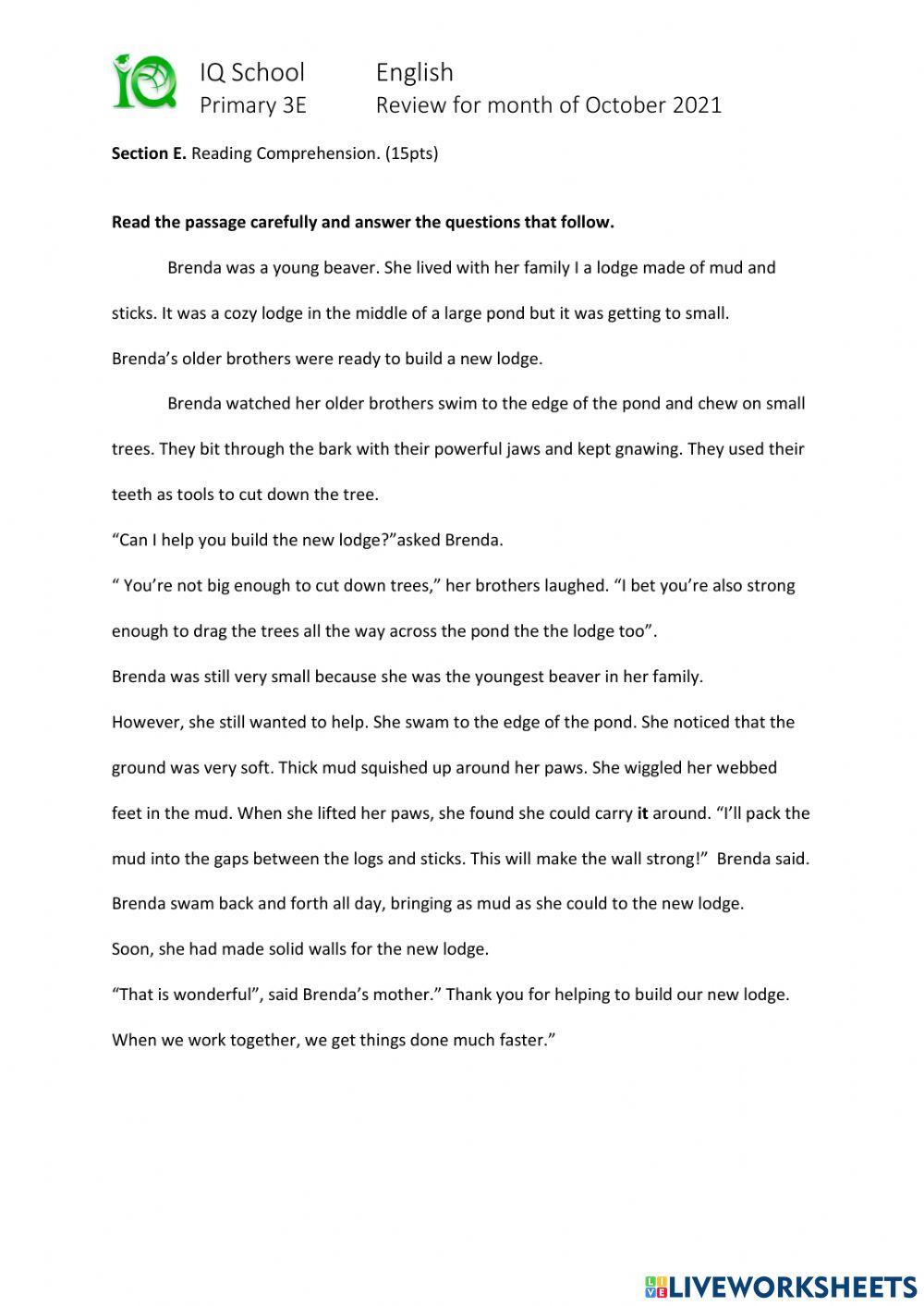 P3 English Monthly Review for Month of October