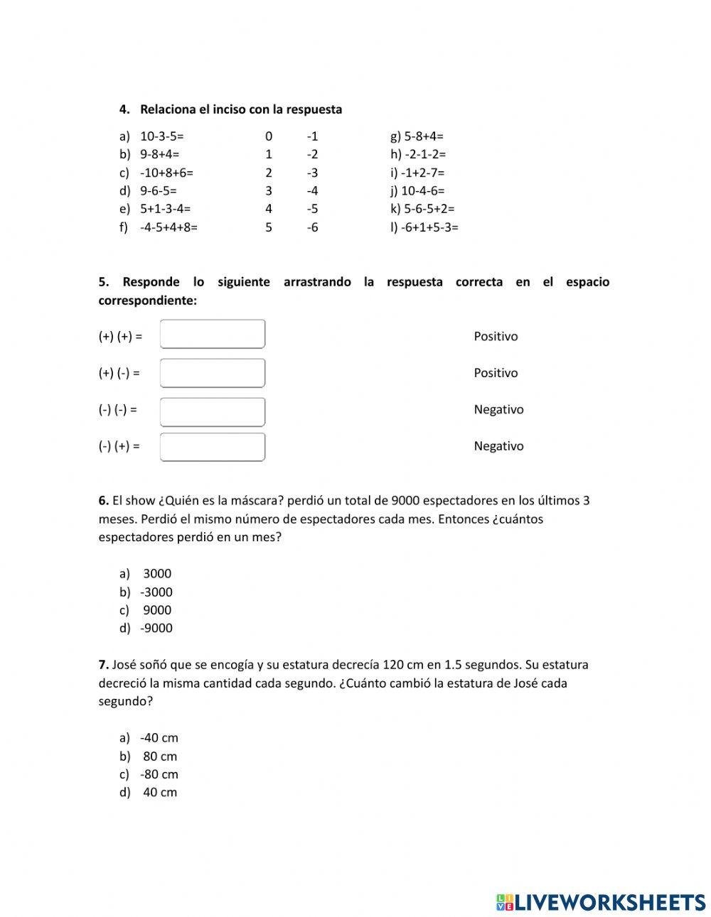 Operaciones con números enteros positivos y negativos