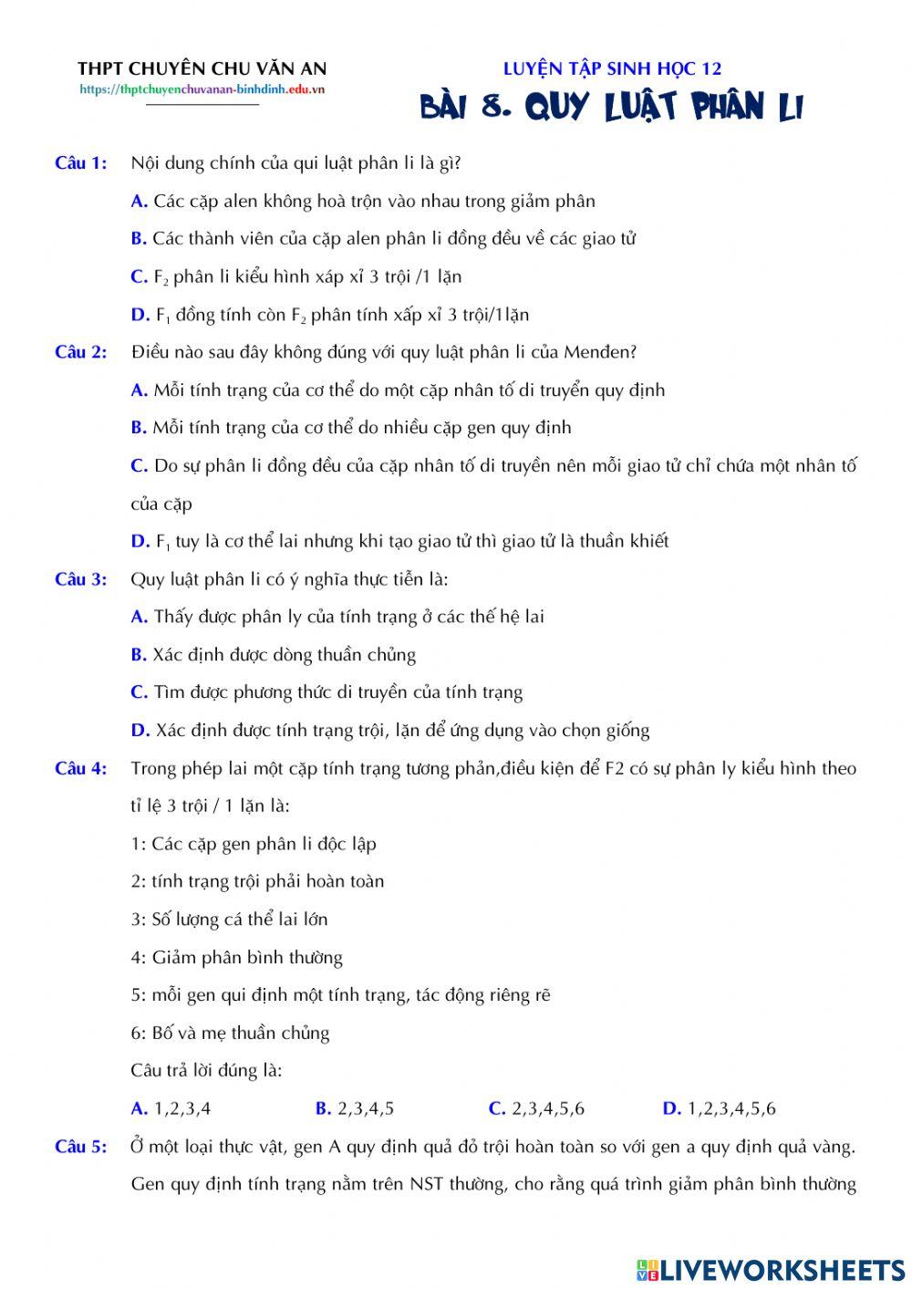 Sinh học 12 - Bài 8. Quy luật Menden: Qui luật phân li