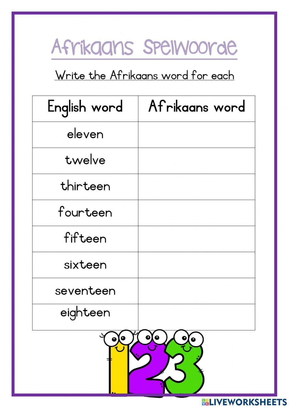 Afrikaans numbers 1118 worksheet 2 worksheet Live Worksheets