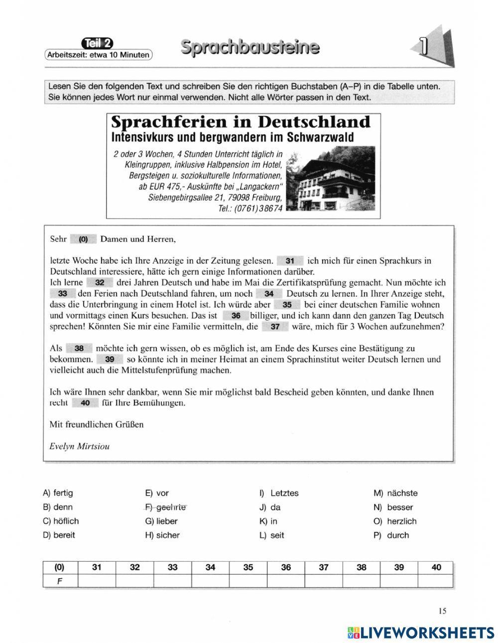 Sprachbausteine Test 01 Prüfungstraining