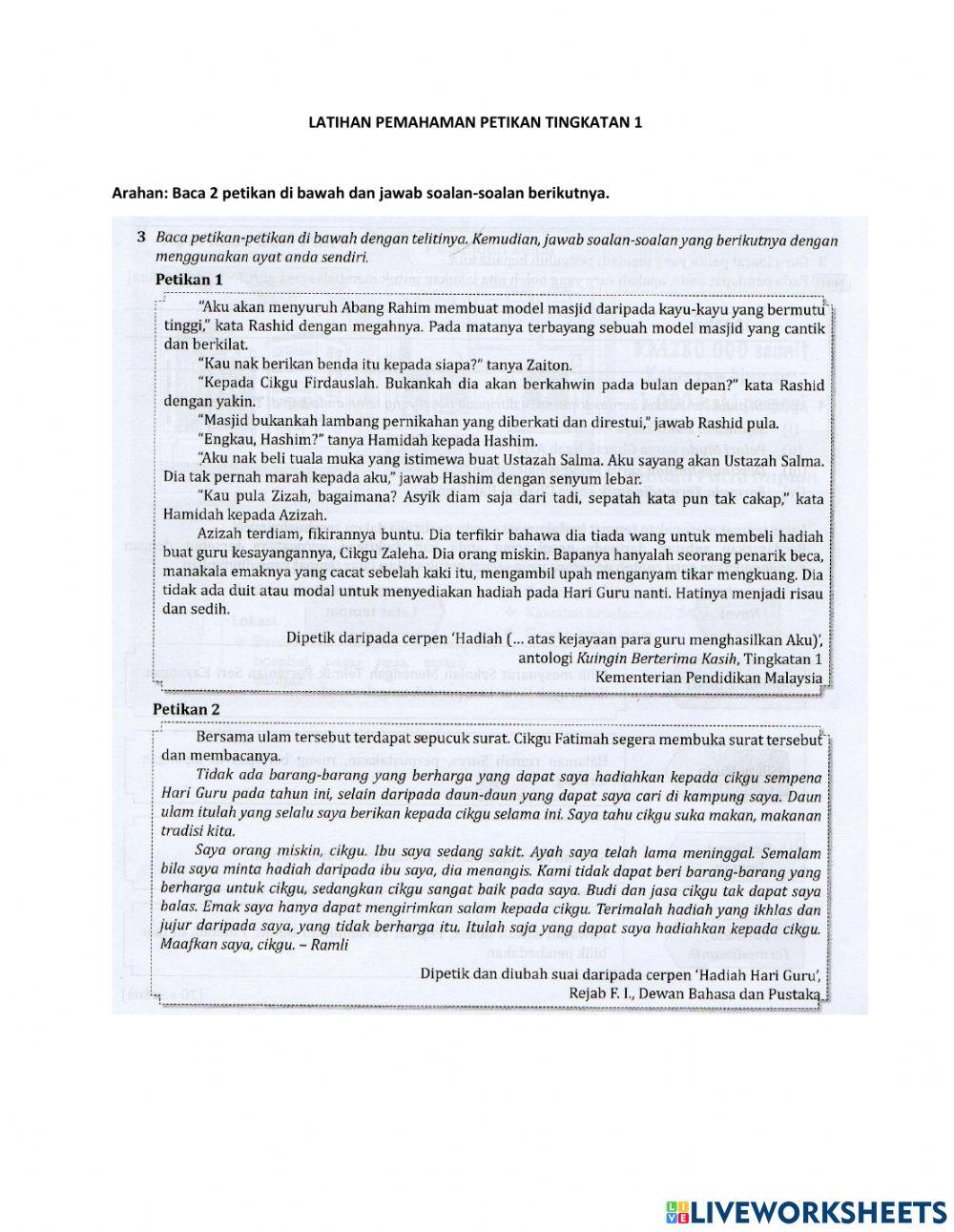 Latihan Pemahaman Tingkatan 1