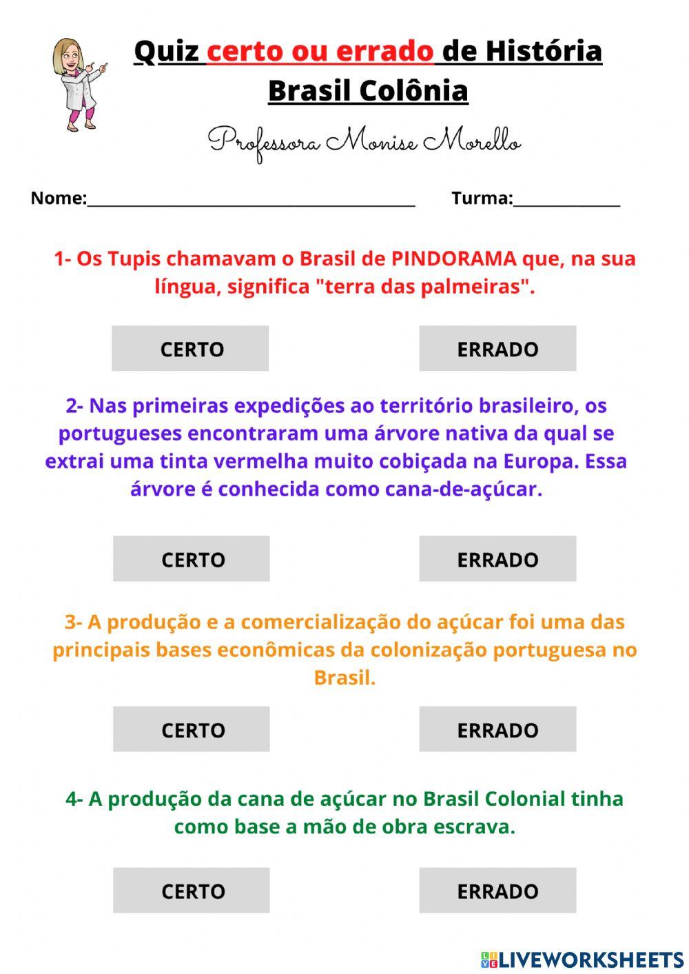 Quiz Brasil Colônia worksheet