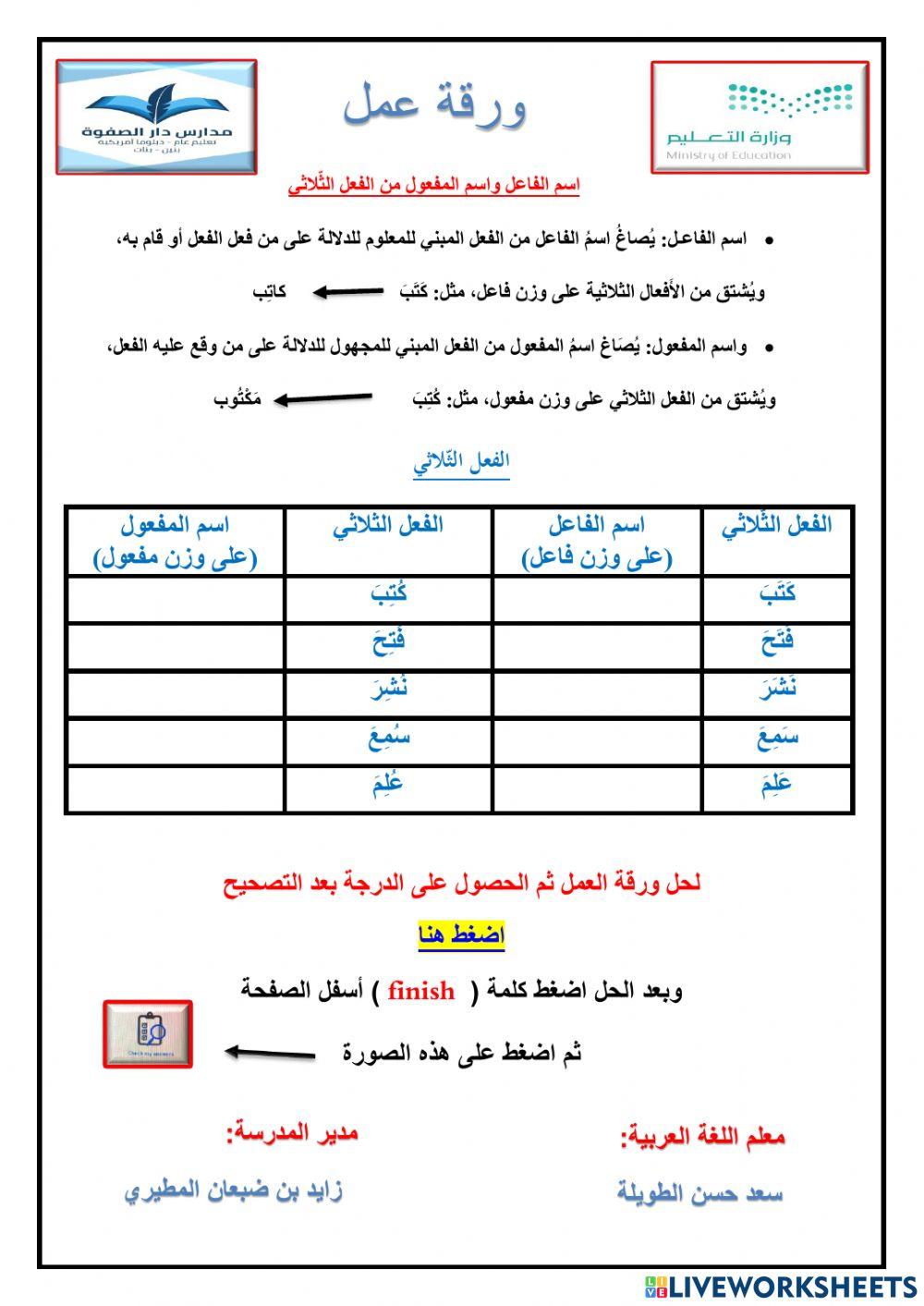 ورقة عمل ( اسم الفاعل واسم المفعول )