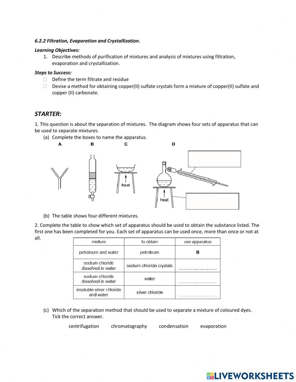 Filtration, Evaporation and crystallization online exercise for Live