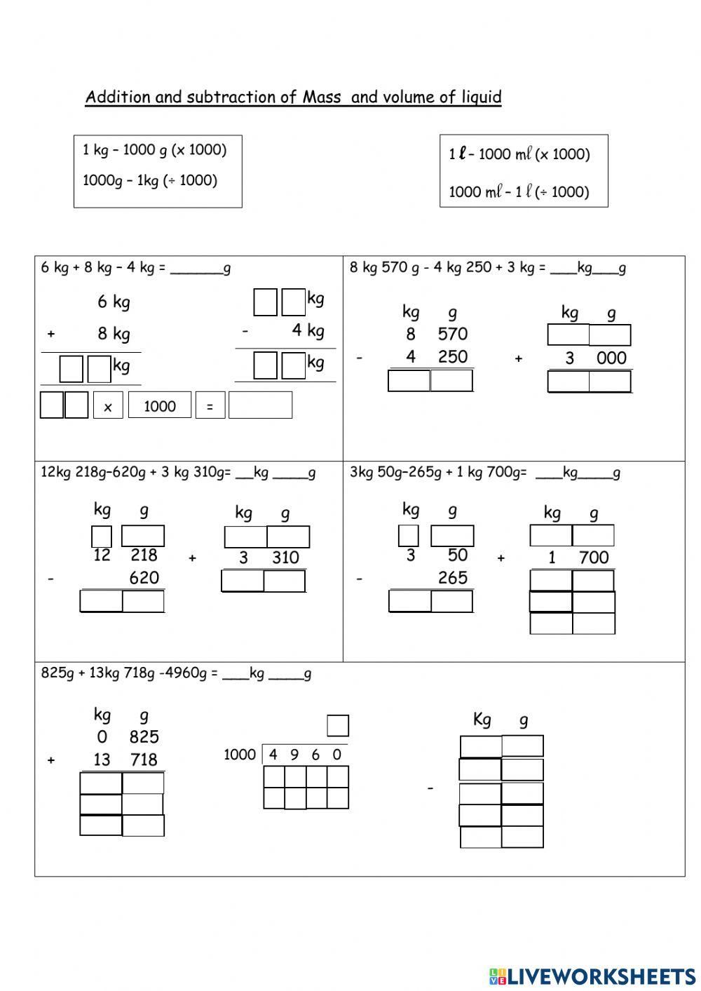 Addition and subtraction of Mass and volume of liquid