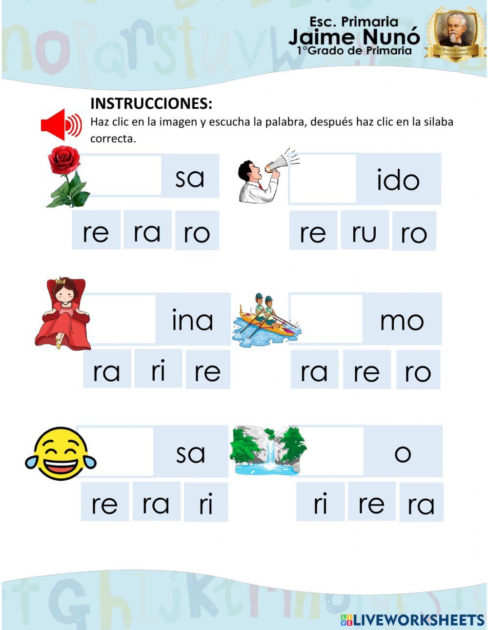 Encuentra la silaba que falta de la letra Rr