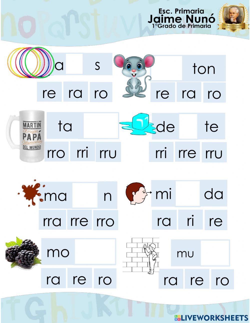 Encuentra la silaba que falta de la letra Rr