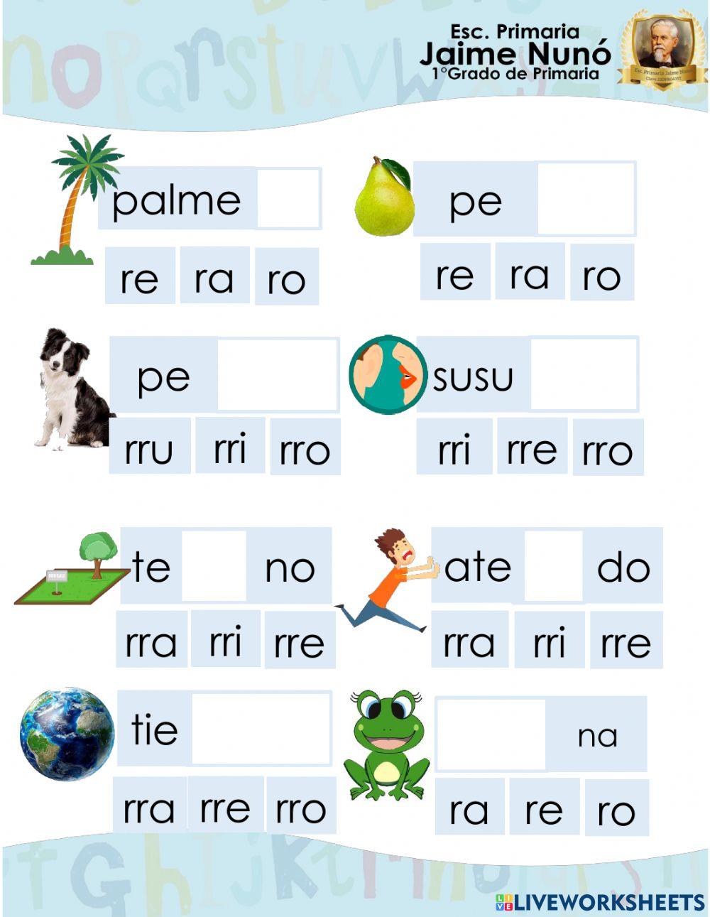 Encuentra la silaba que falta de la letra Rr