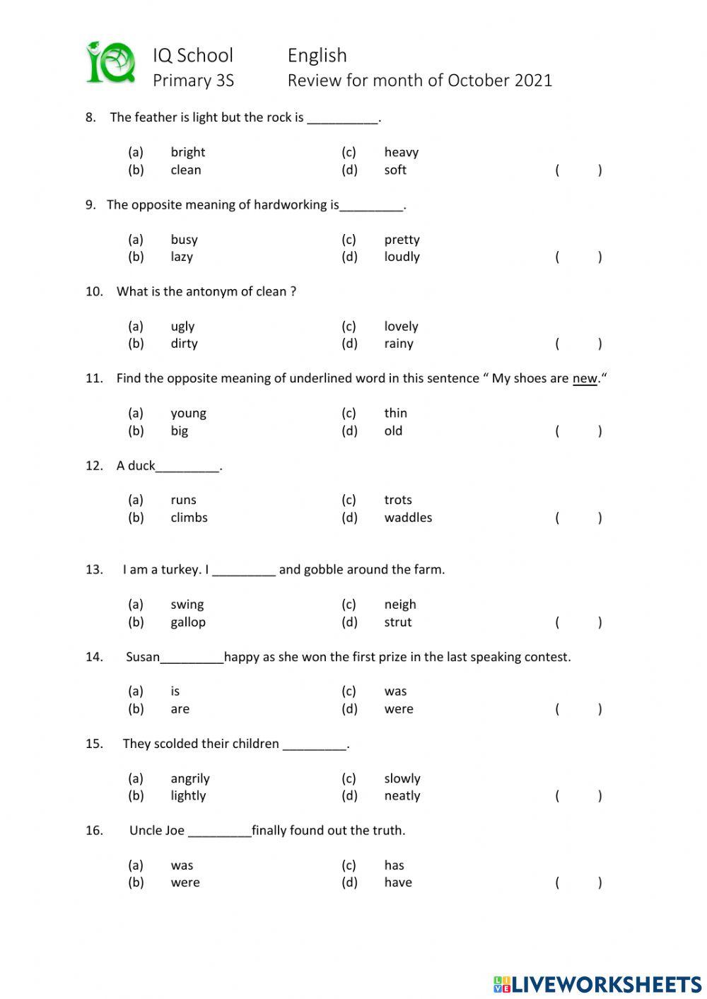 P3S English Monthly Review for the Month of October