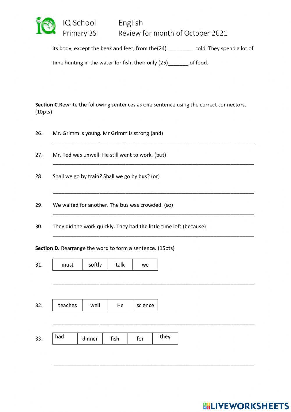 P3S English Monthly Review for the Month of October