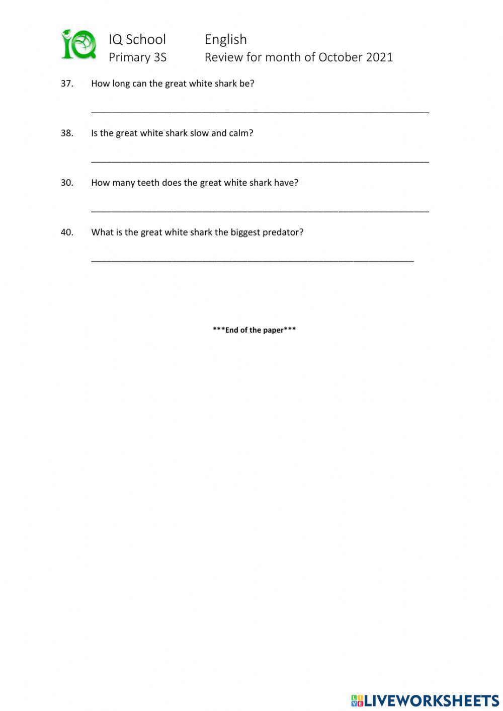 P3S English Monthly Review for the Month of October